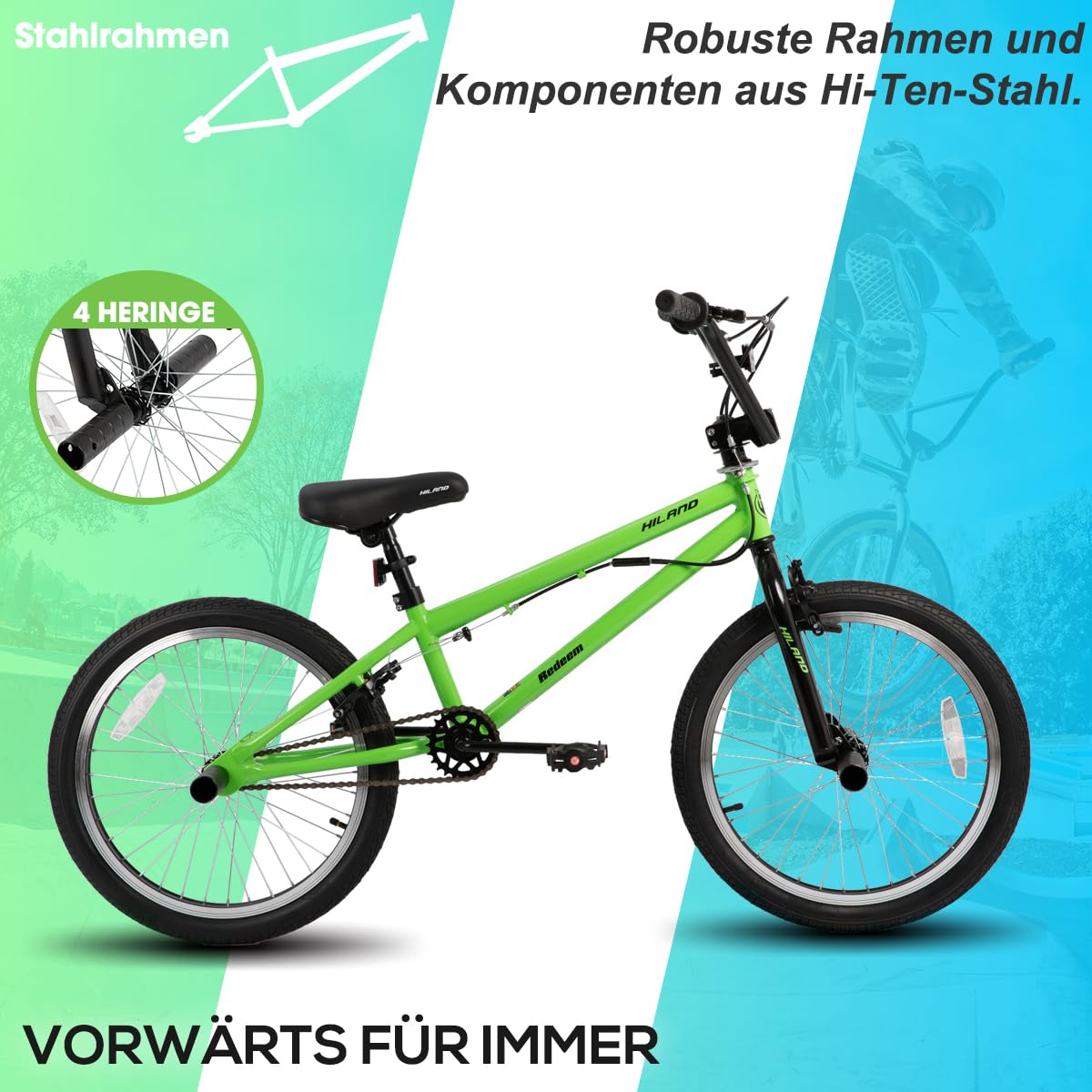 HILAND BMX Freestyle 20 Pulgadas para Niños y Niñas con Sistema de Rotor 360°, Bicicletas Freestyle para Infantil con 4 Pegs de Acero y Rueda Libre, Blanco/Rojo/Verde/Negro