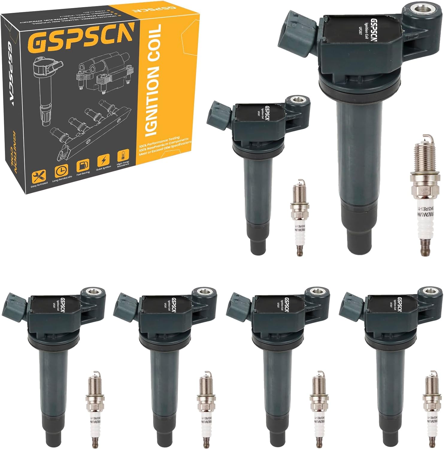 GSPSCN Set of 6 Ignition Coil Pack UF267 and Iridium Spark Plug for 1999-2008 Toyota Avalon Camry Highlander Sienna Solara丨Lexus ES300 ES330 RX300 RX330 RX400h 3.0L 3.3L V6，OE# 5C1193,C1175