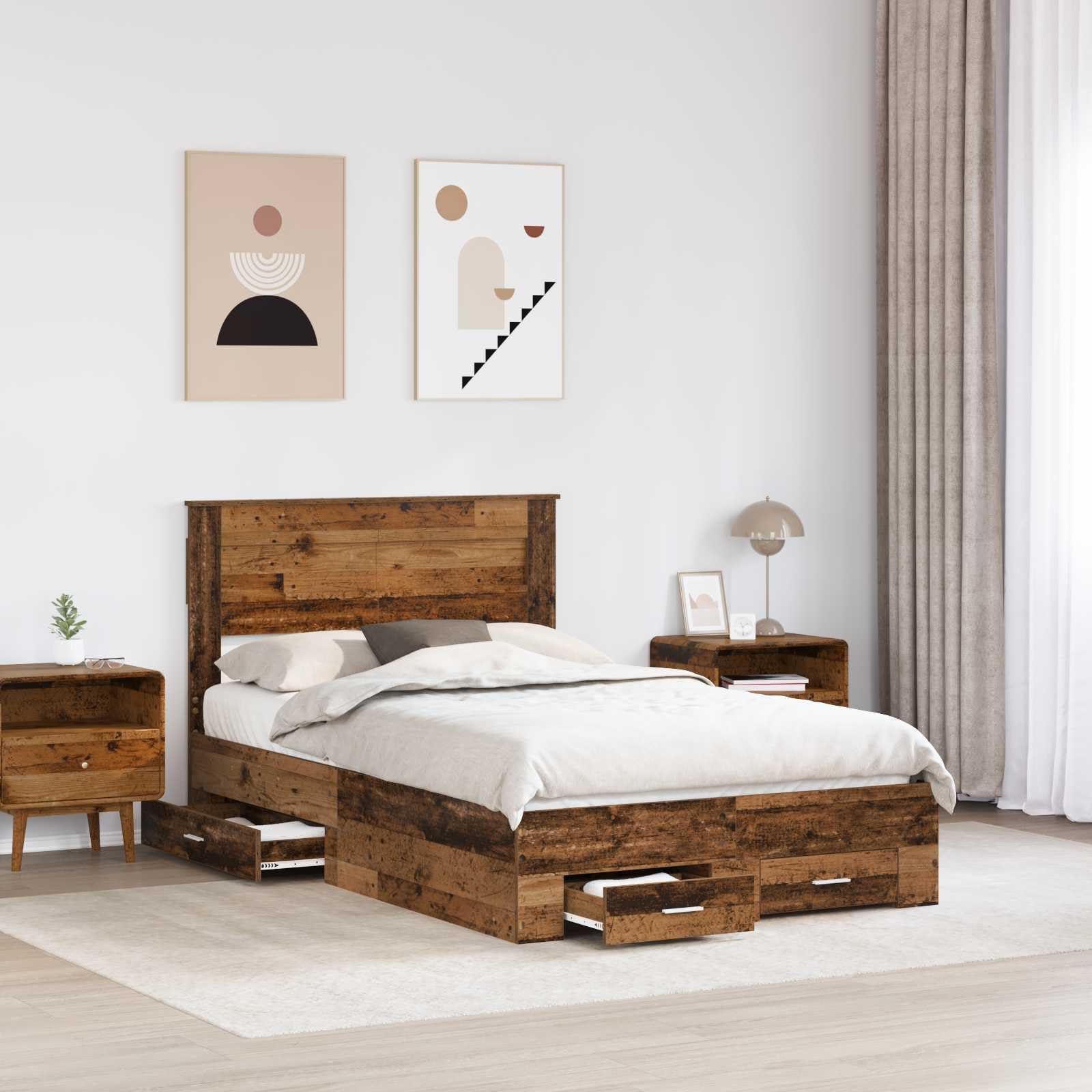 Betten - Cornice per letto in legno vecchio, 120 x 190 cm, con rete a doghe e 2 cassetti, struttura stabile, in legno Urban Chic per camera da letto, camera dei ragazzi, camera degli