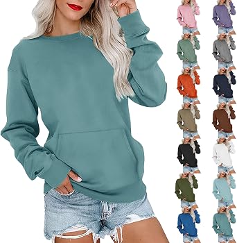 Women Oversized Sweatshirt with Pocket Long Sleeve Casual Crewneck Sweatshirt Drop Shoulder Ribbed Cuff Hem Pullover