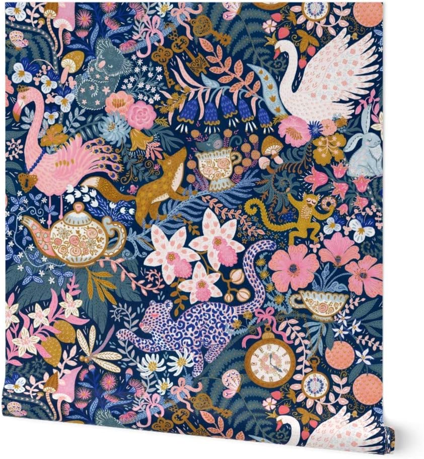 Peel & Stick Wallpaper Swatch - maximalist,Tea Party,Whimsical Chintz,Pink Purple Mustard,Swans and Flamingos Custom Removable Wallpaper by Spoonflower