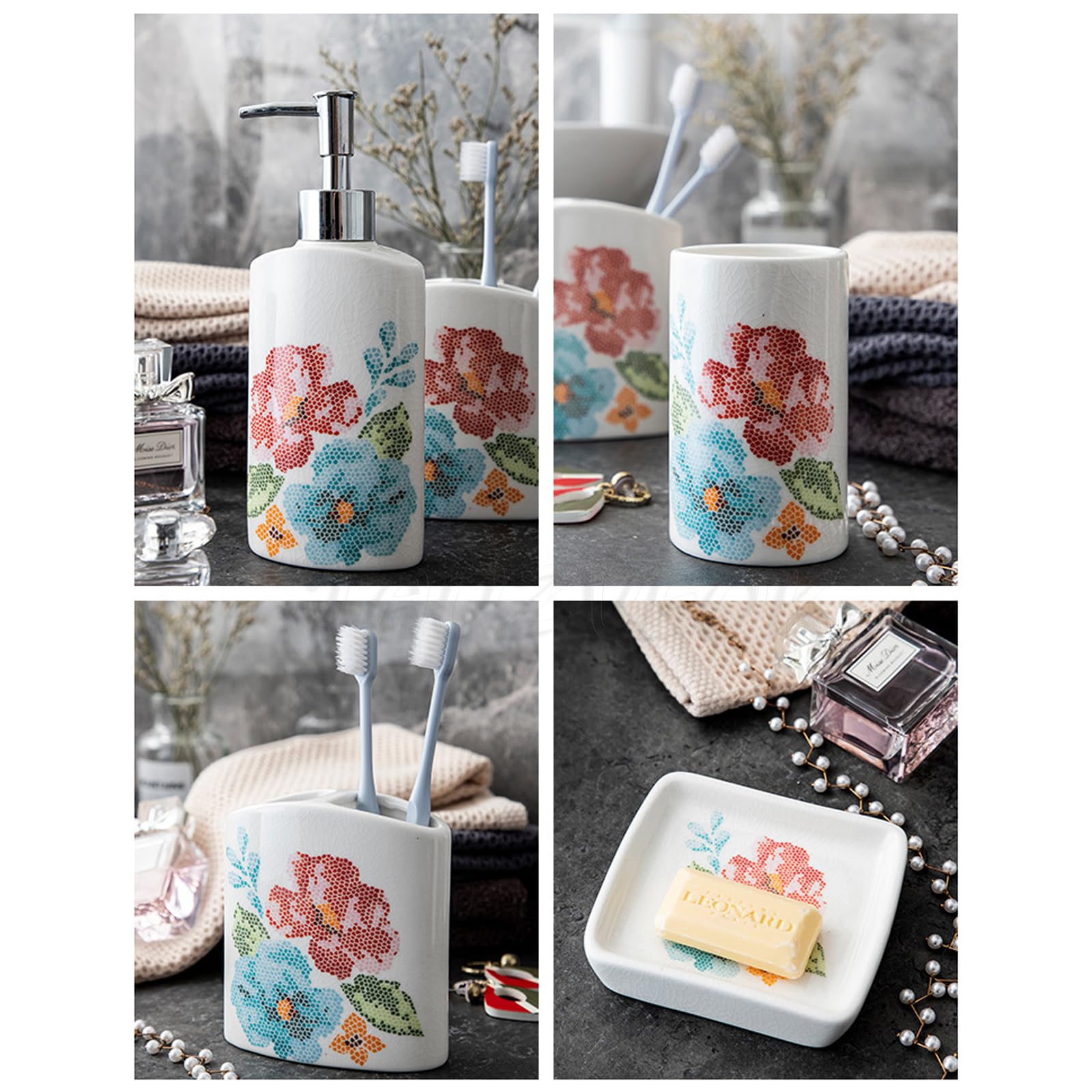 Set de Accesorios de Baño, 5 Piezas, Dispensador de Jabón Blanco, Porta Cepillo de Dientes, Jabonera,
