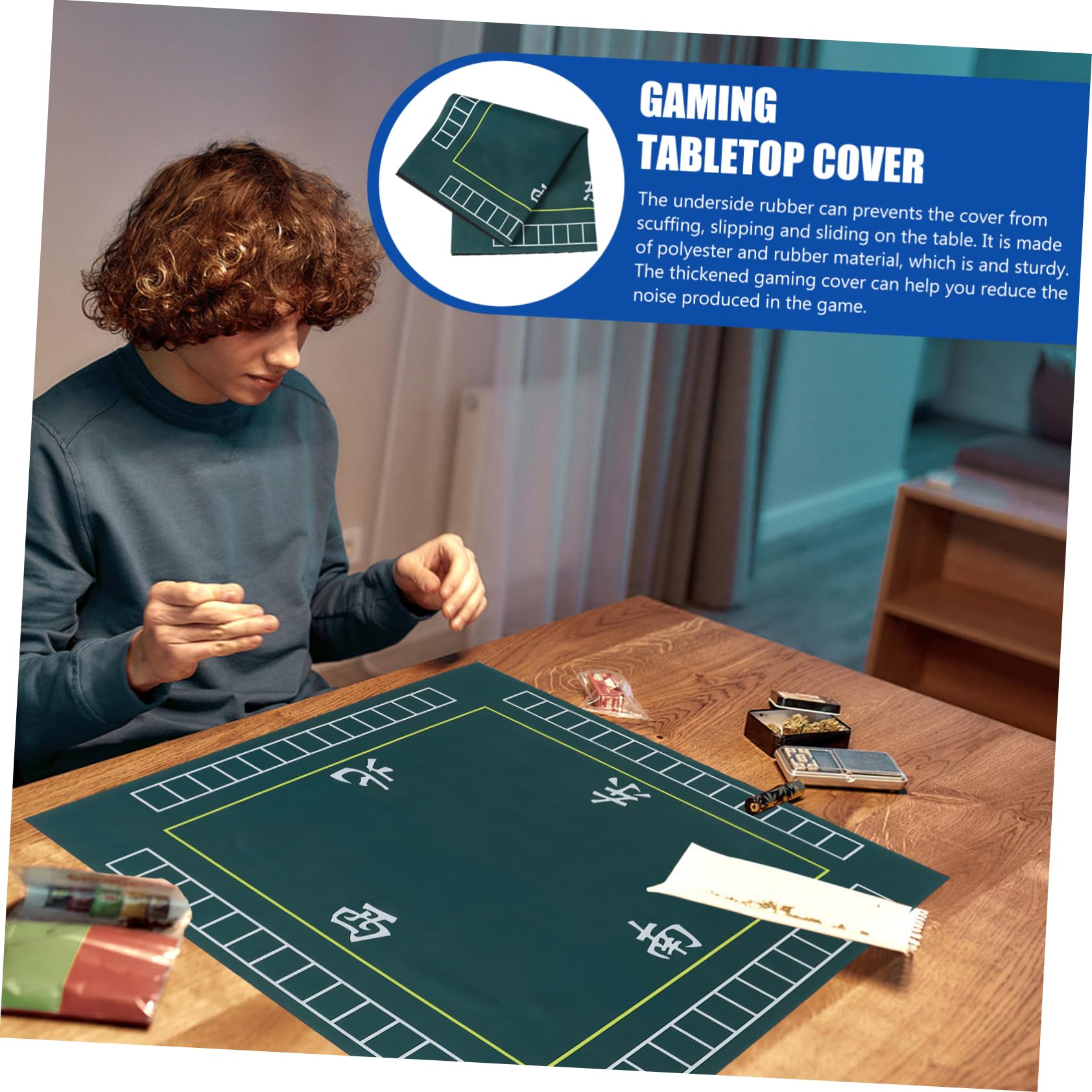 Tappetino Tavolo da Gioco Quadrato Verde in Poliestere e Gomma