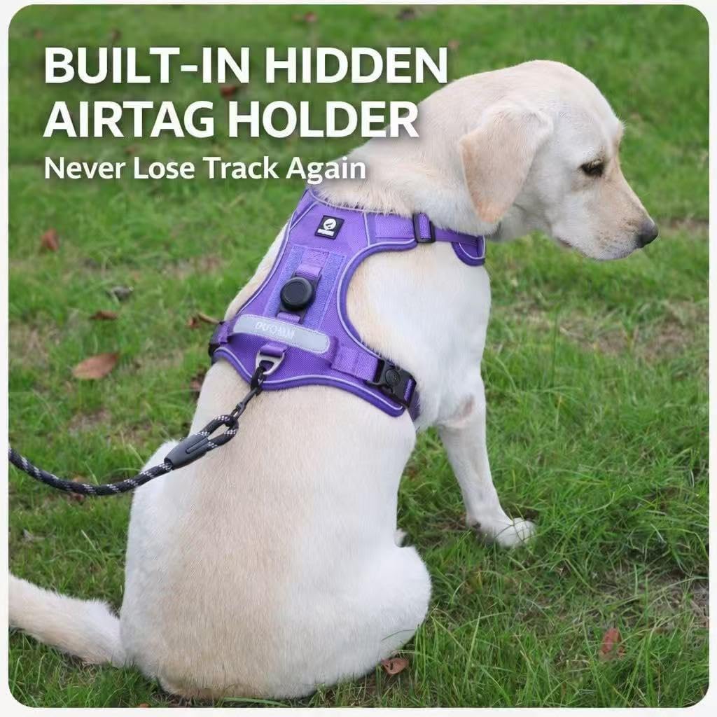 PawWave No Pull Dog Harness with Built-in Hidden AirTag Holder, Reflective Adjustable Vest for Medium & Large Dogs (Khaki, Medium)