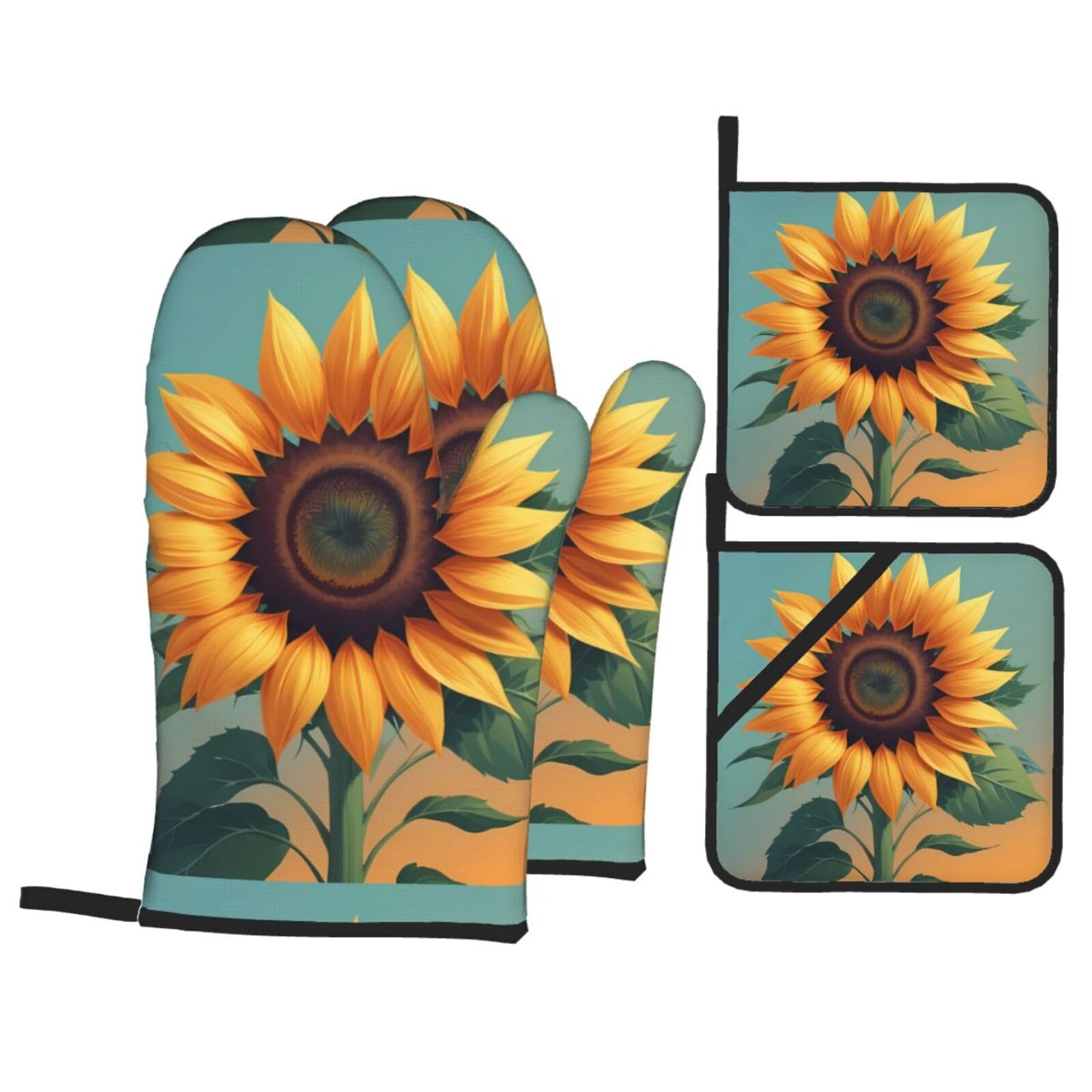 HJFCZH Colorful Sunflower Picture Kitchen Baking Set of 4 Thick Insulated Oven Mitt & Pot Holders, Anti-Scalding for Microwave, Oven, Outdoor BBQ
