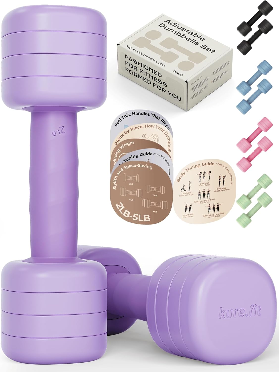 Adjustable Dumbbell Set｜2LB 3LB 4LB 5LB Light Hand Weights for Women｜One-Twist Weight Adjustment｜Non-Slip Curved Grip Handle｜Free Weights for Home Gym, Rehab, Pilates, Yoga, Strength Training