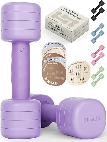 Miniatura 12 de Juego de mancuernas ajustables Pesas ligeras de mano de 2, 3, 4 y 5 libras para mujeres, ajuste de peso de un solo giro, mango de agarre curvado
