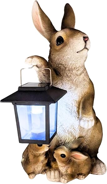 Rabbit Solar Lantern Statue Garden Bunny Figurine with LED Light, Resin Farmhouse Wildlife Decor for Patio, Lawn, Porch, Yard, Easter, Rustic Woodland Accent Great Gift for Nature & Rabbit Lovers.