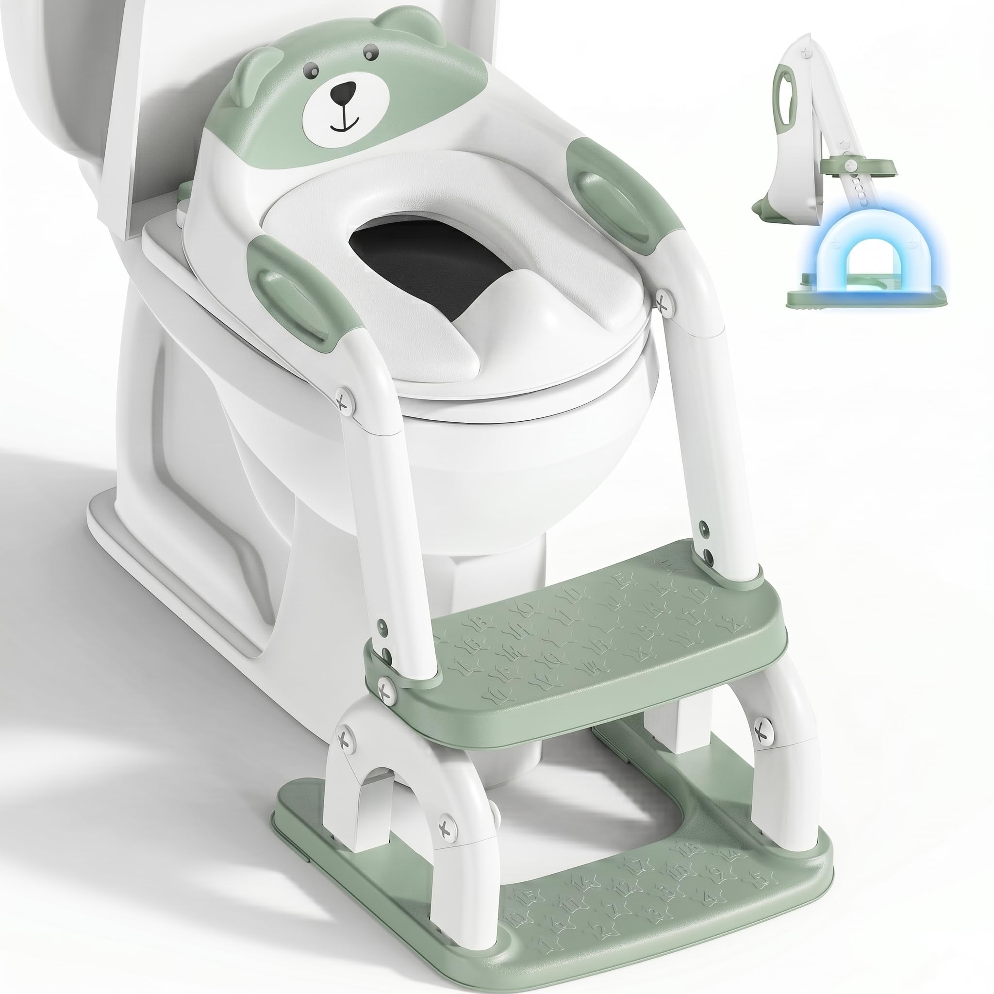 Reducteur Toilette Enfant，Améliorées Adaptateur Toilette pour Enfants Garçons et Filles，2 en 1 Rehausseur Toilette Enfant，Réglable en Hauteur et Portable，Tabouret d'escalier (Pistache)
