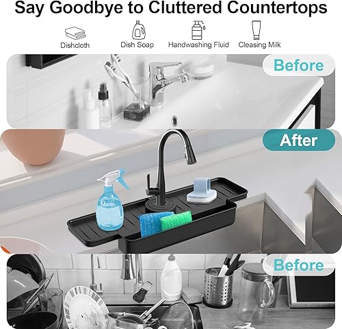 Miniatura 6 de Protector de salpicaduras de silicona para fregadero de cocina, bandeja de recogedor de agua mejorada para grifo, 15.75 x 5.5 x 2 pulgadas,