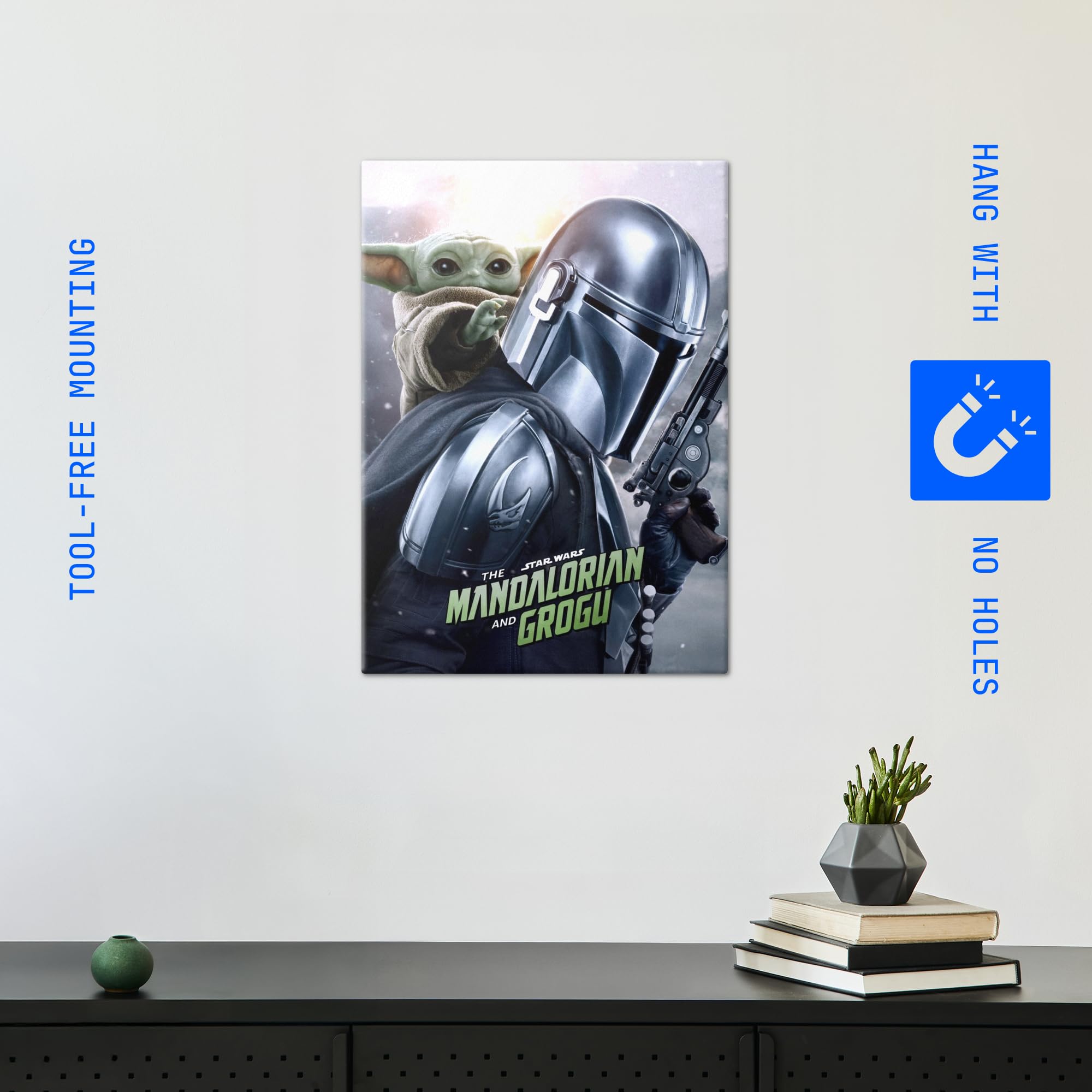 Displate Metall poster Star Wars The Mandalorian and Grogu Größe M | Bilder Wanddeko Wohnzimmer & Schlafzimmer Wandbilder, Geschenk. Wandkunst mit Magnet-Befestigung, ohne Bohren.