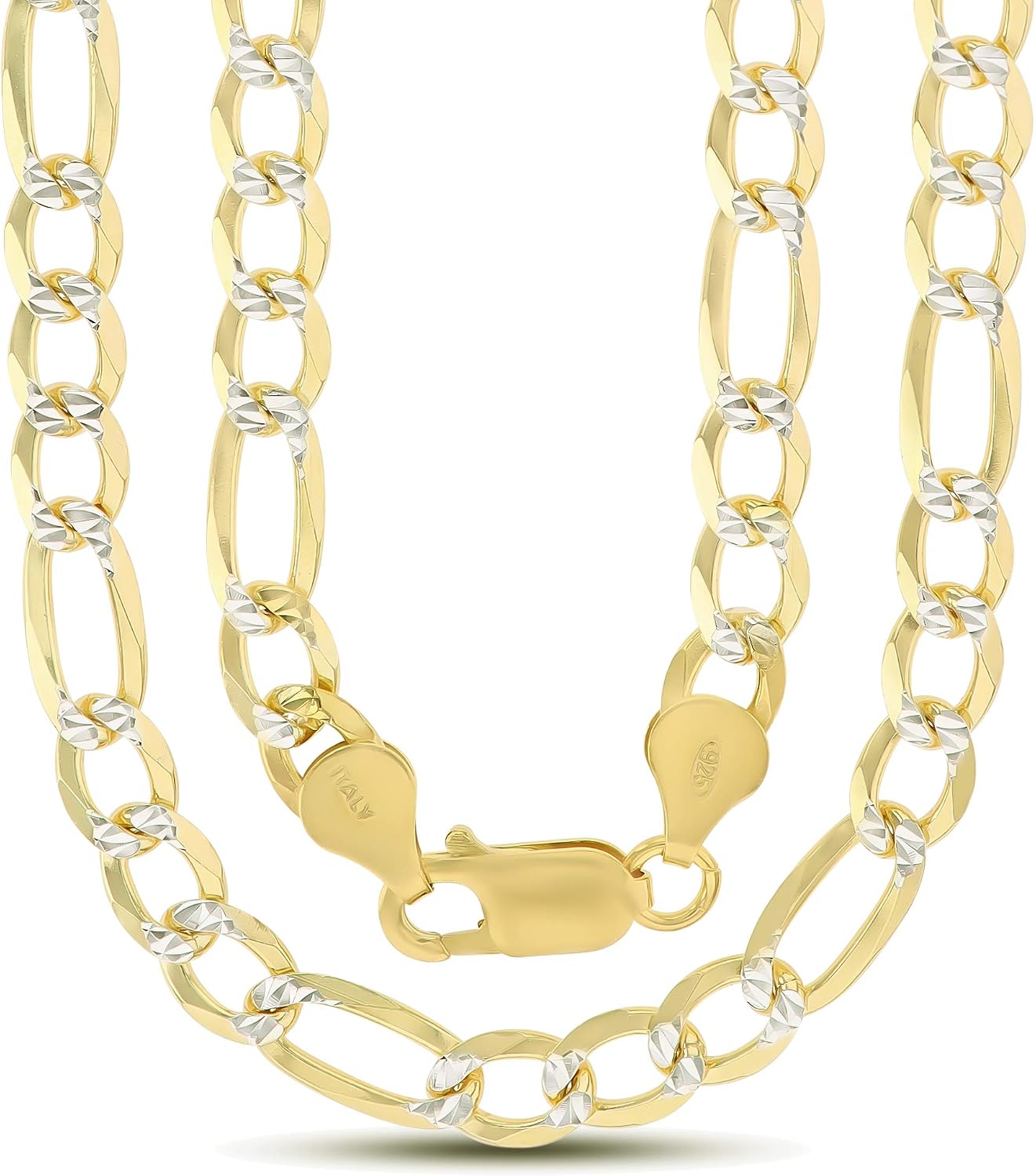 14K Gold or Rhodium Plated Silver Figaro Diamond Cut Pave Chain For Men | 1mm-13mm Thick | Solid 925 Figaro Italian Necklaces For Men