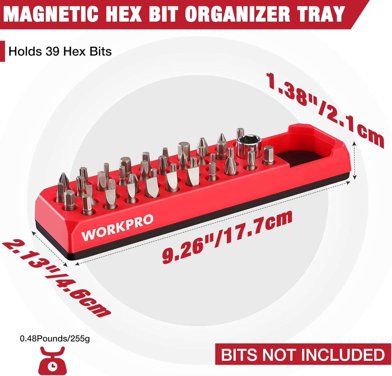 Diagram showing the dimensions of the WORKPRO Magnetic Hex Bit Organizer: 9.26 inches (17.7 cm) length, 2.13 inches (4.6 cm) width, 1.38 inches (2.1 cm) height, and a weight of 0.48 pounds (255g).