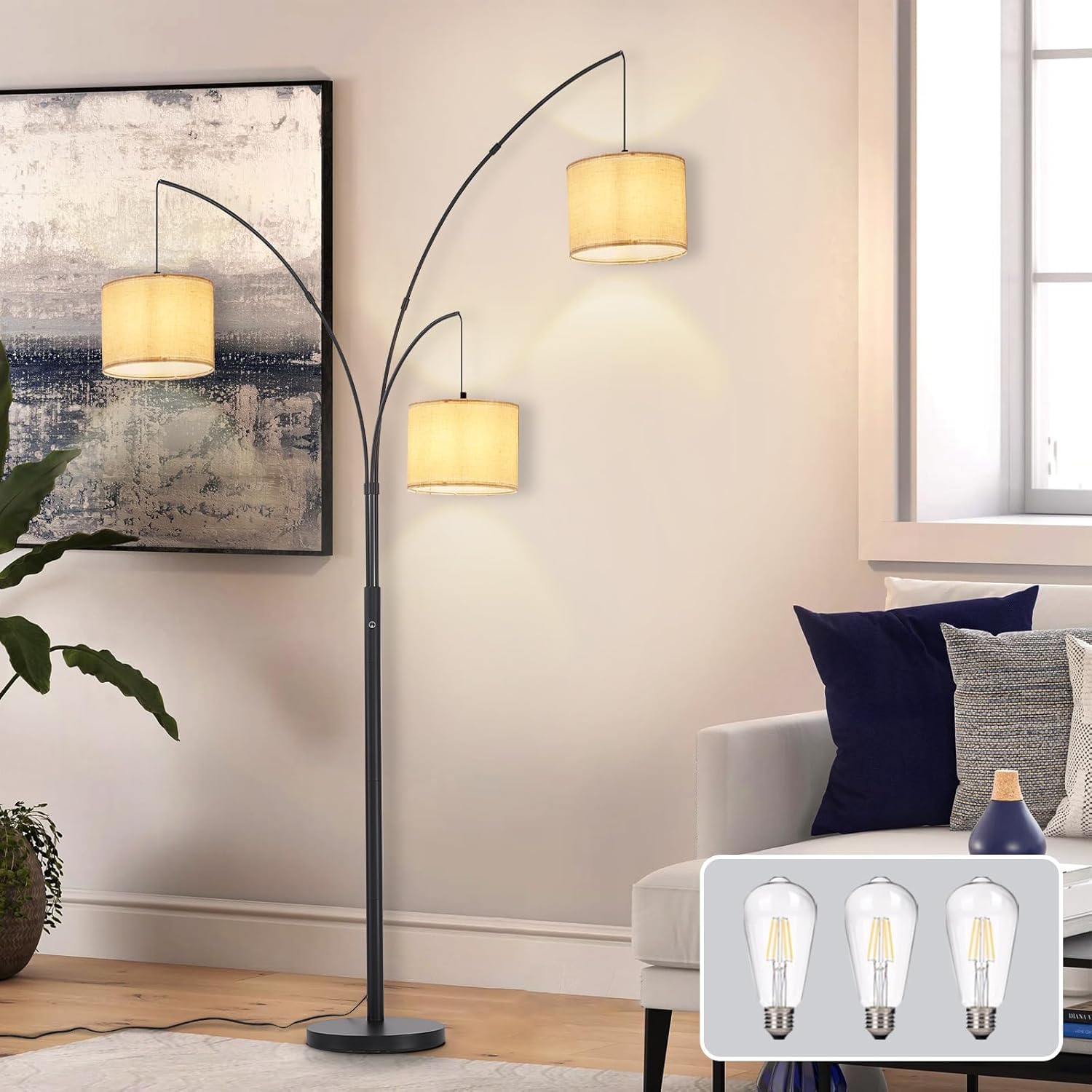 Lampa podłogowa Tree z 3 światłami, lampa stojąca łukowa z beżowymi kloszami, nowoczesna czarna lampa podłogowa do salonu, sypialni i biura, żarówki LED w zestawie