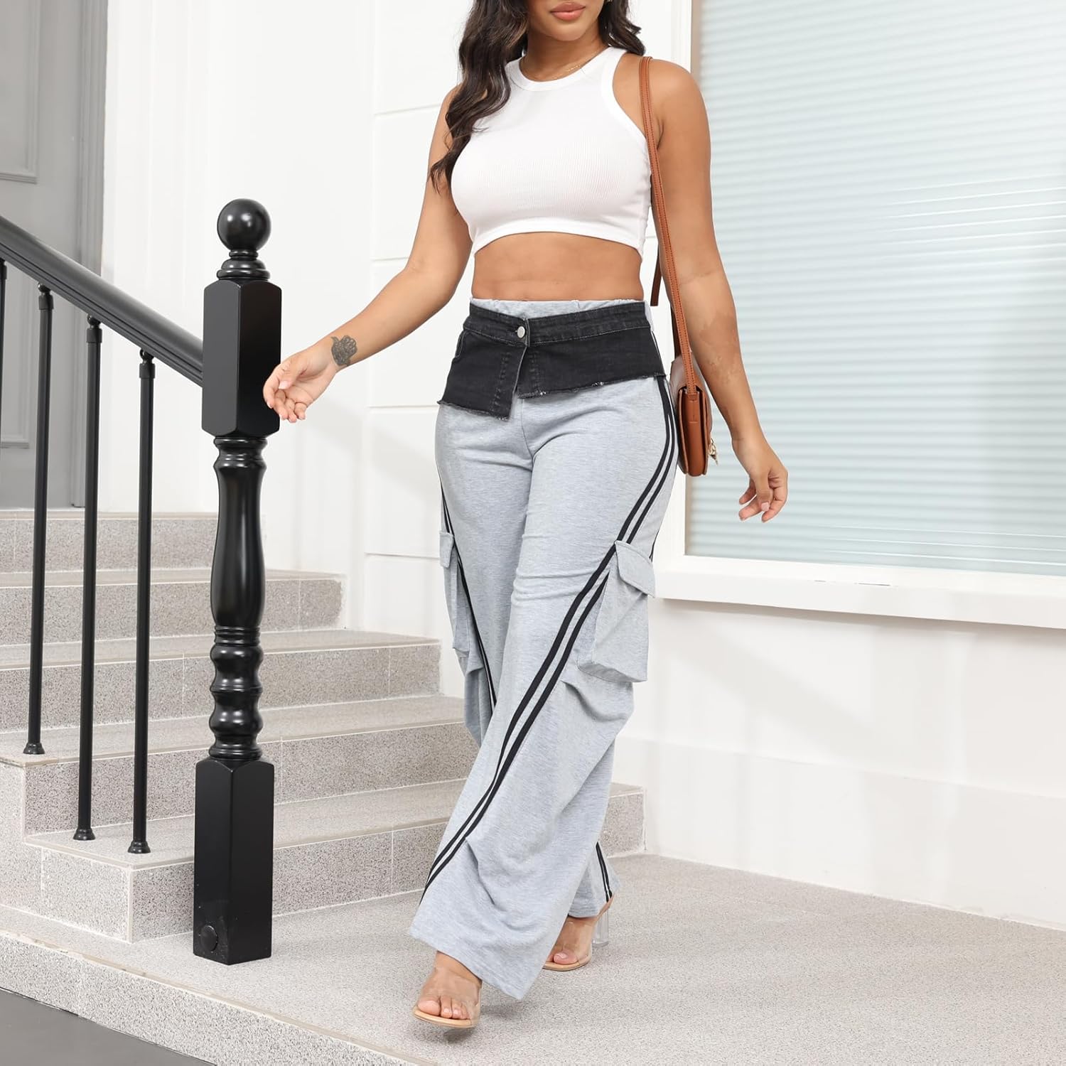 ThusFar Women High Waist Wide Leg Sweatpants with Patchwork Jean Straight Leg Striped Denim Pants Trendy Jean - Image 3