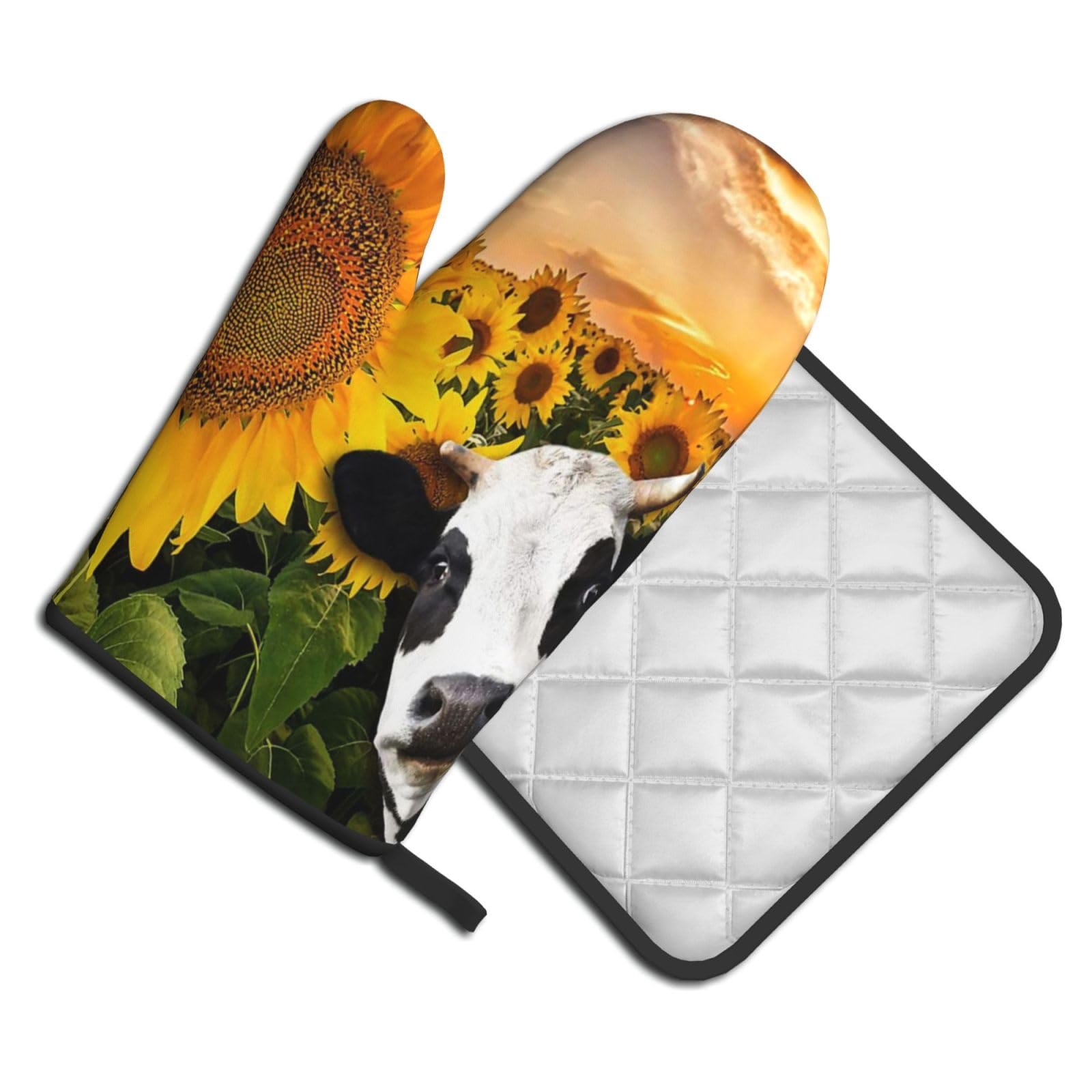 Oven Mitts and Pot Holders Set of 2 Pcs, Sunflower and Cow Printed Heat Resistant Kitchen Gloves Potholders for Cooking Baking Grilling