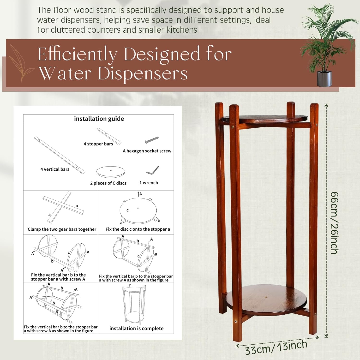Water Dispenser Stand Floor Stand Water Jug Stand with 2 Round Shelfs 26'' Natural Wood Stand for 1-5 Water Bottles, Crocks, Jug, Plant, Easy Assembly with Included Hardware(Dark Brown)