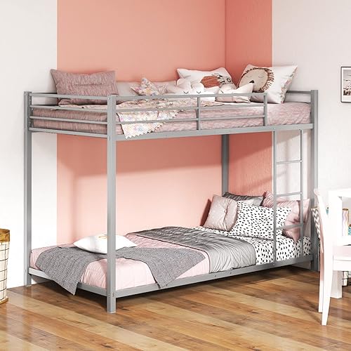 Miniatura 7 de GOFLAME Litera de tamaño individual sobre individual, litera con marco de metal con escalera y barandilla de protección, marco de cama con listones