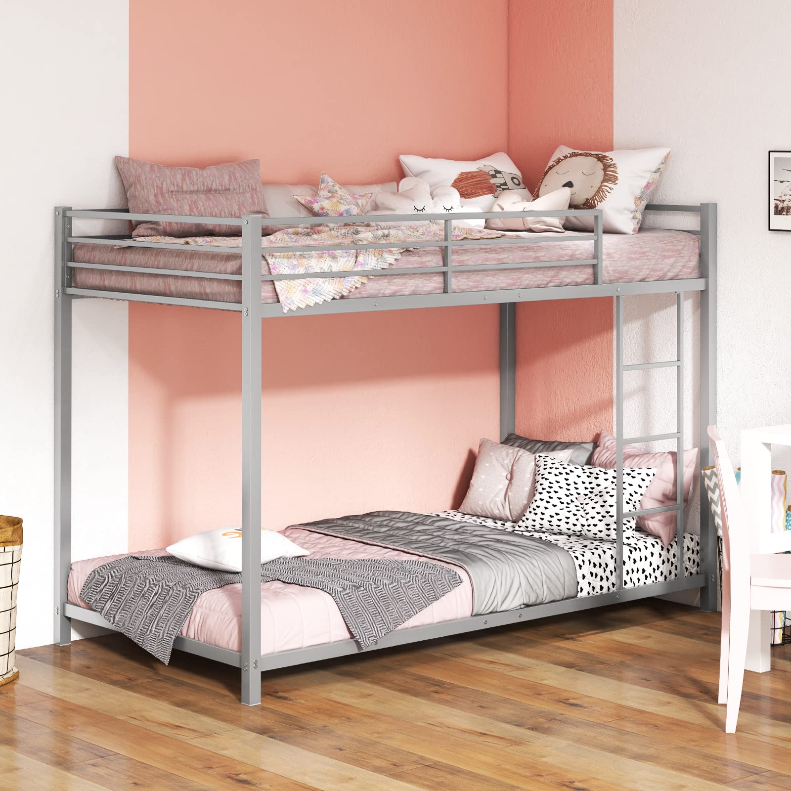 GOFLAME Twin Over Twin Bunk Bed, Metal Frame Loft Bunk Bed with Ladder and Guard Rail, Heavy-Duty Slatted Floor Bunk Bed Frame for Kids, Teens, No Box
