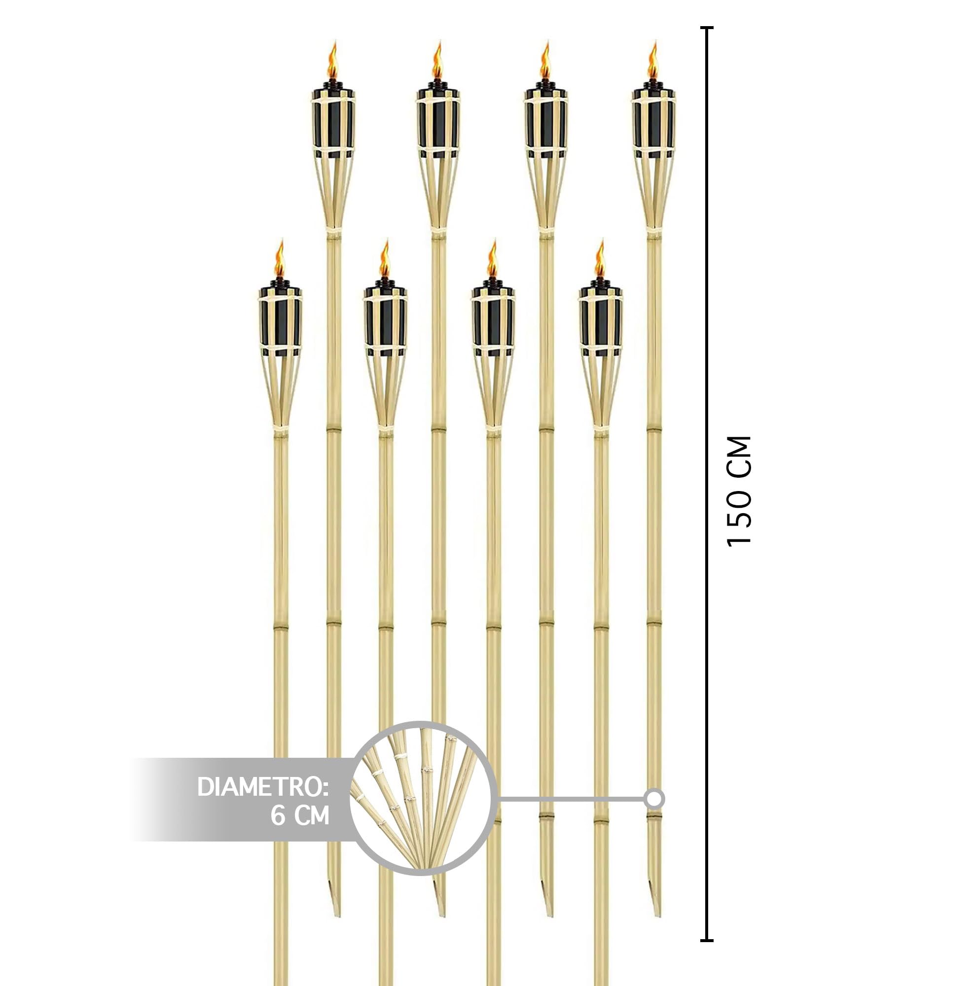 IlGruppone Set 8/12 Pezzi Torcia Grande da Giardino in bambù XXL Olio Contenitore in Metallo 90/120/150 Cm Lampada Candela con Stoppino Fiaccola Torcie Esterno Feste Eventi - 8 Pezzi 150 Cm