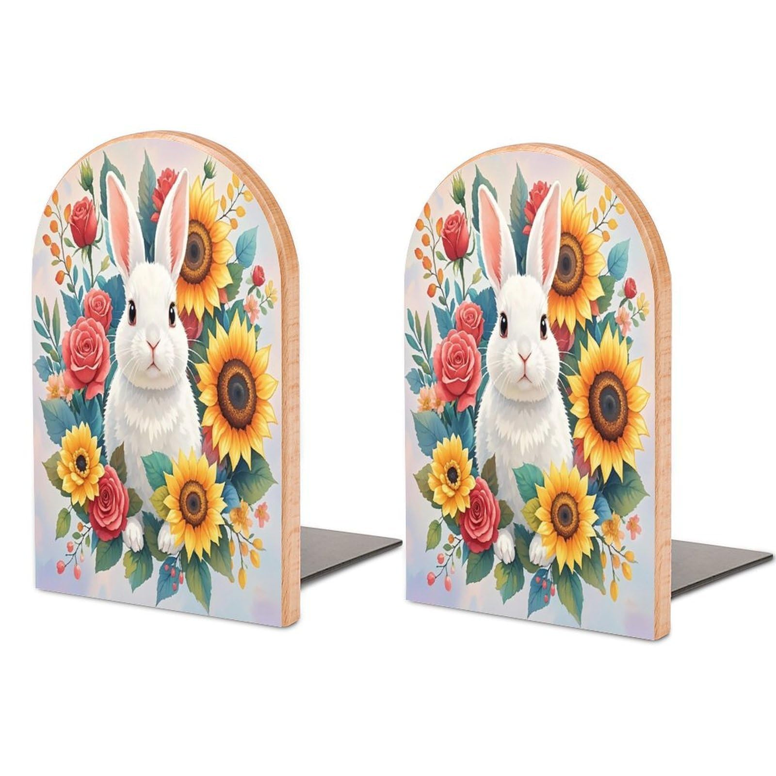 Watercolor Rabbit and Flowers Bookend for Shelves Unique Book End Sturdy Books Holder Heavy Duty Wooden Bookends Support Non-Slip Book Organizers Decorative Modern Bookend Holder for Home