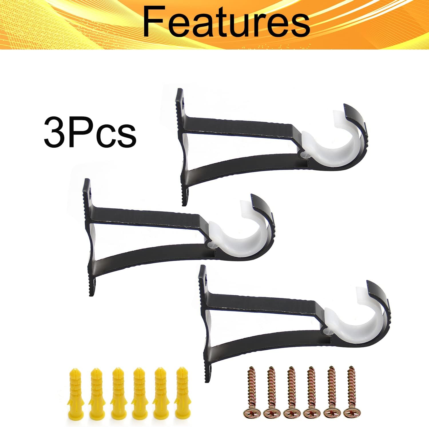 Brackets for Curtain Rods, 3Pcs Single Curtain Rod Brackets for Drapery Rod Premium Aluminum Alloy Heavy Duty Curtain Rod Holders for Living Room, Screen Porches, Family Room Black