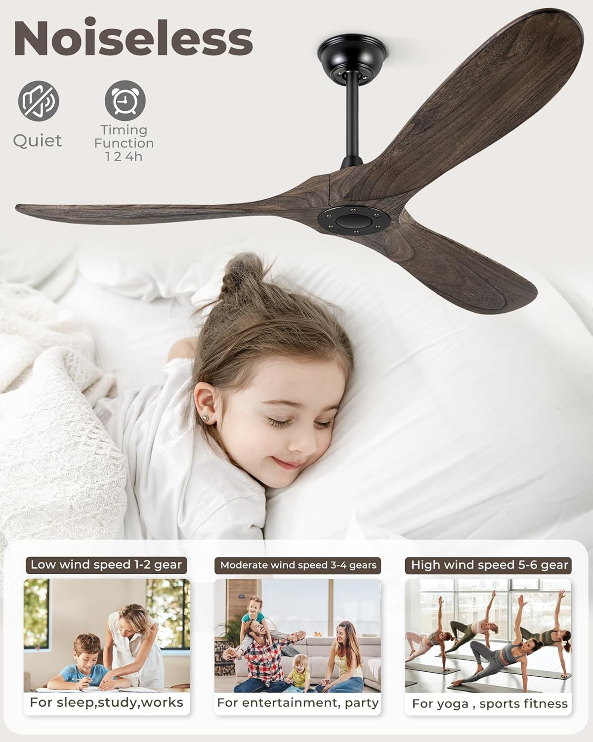 72" Ceiling Fans Without Lights, Solid Wood Ceiling Fan with Remote Control and Quiet DC Motor, Ceiling Fan no Light 3 Blades, Indoor Outdoor Fans for Patios, Bedroom- Deep Brown