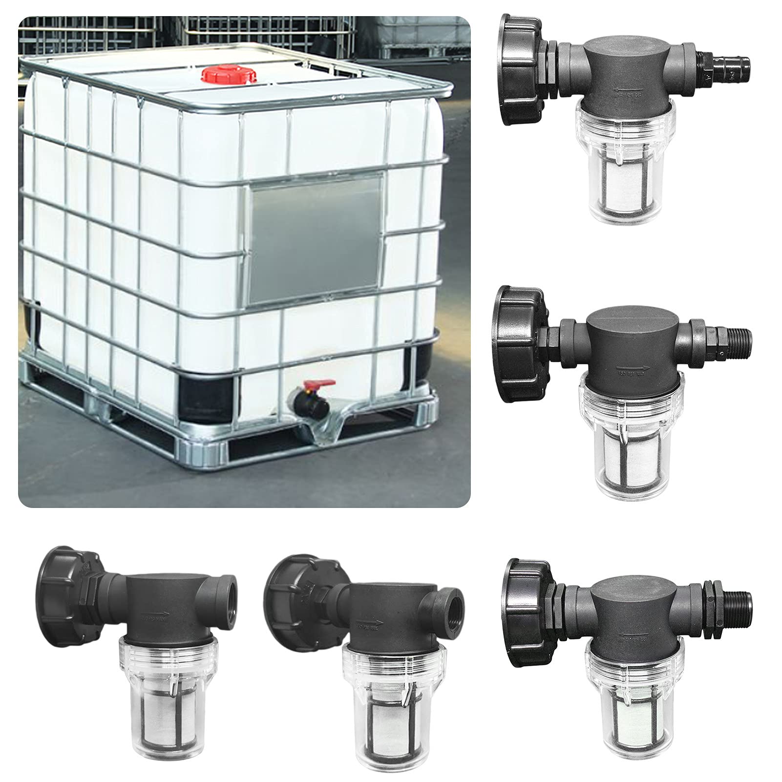 Rubinetto Con Filtro Per Serbatoio IBC 1000L, Adattatore S60x6 Con Attacchi 1/2" E 3/4" Per Raccolta Acqua Piovana