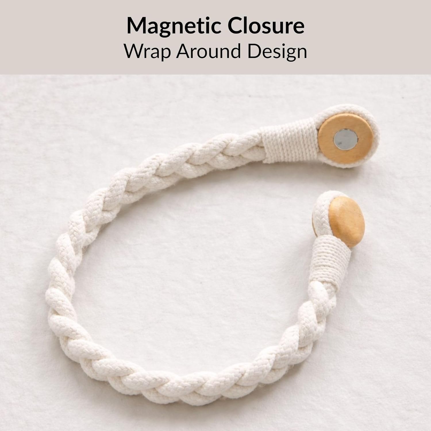 Set of 2 Curtain Tiebacks with Magnetic Closure, 19 x 0.5 in Ecru - Braided Rope Wrap Around Design for Sheer and Curtain Panels - Tool Free Holdbacks