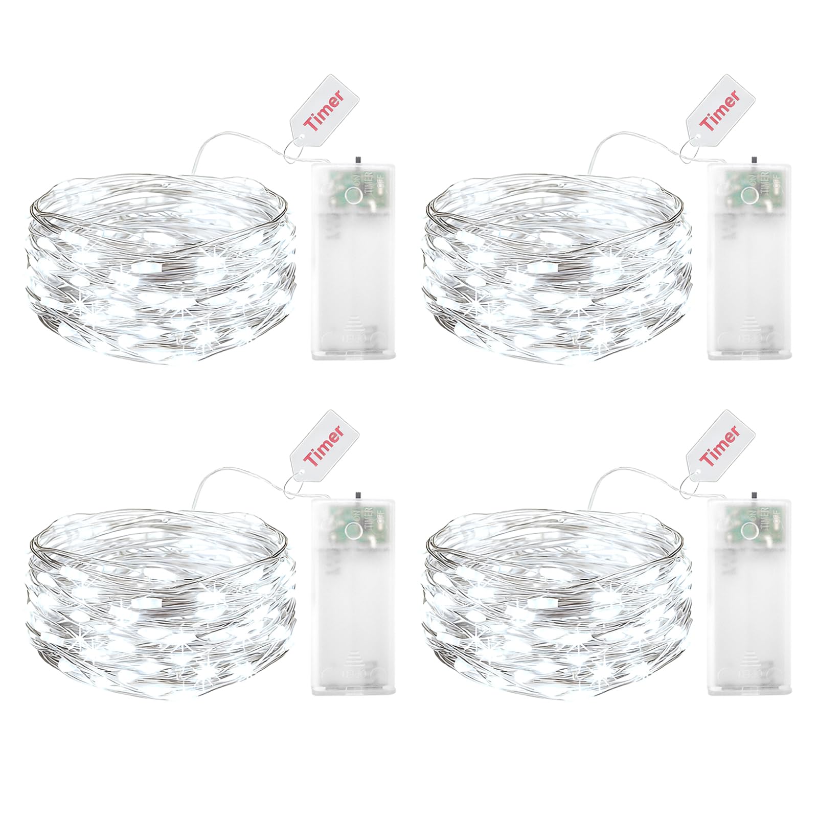 ENLACE Pack of 4 LED Fairy Lights Battery with Timer, 2 m 20 LED Micro Copper Wire Fairy Lights Indoor Battery Operated, White Fairy Lights for Wedding, Children's Room, Christmas, Party Decoration