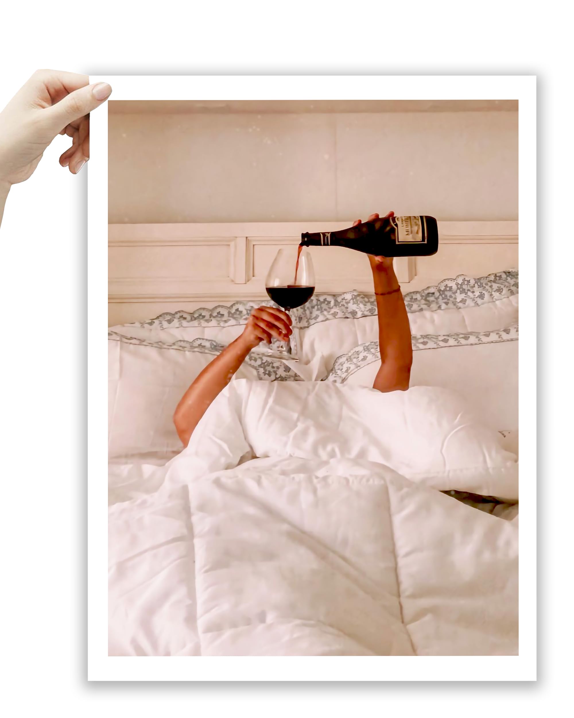 EcoHest Unframed Woman Drinking Wine in Bed Wall Art, 12x16 in OAK Wood Feminist Alcohol Canvas Art, Trendy Teen Girl Bar Cart Print College Room Decor, Beige Logs Set of 1 For Bedroom Living Room