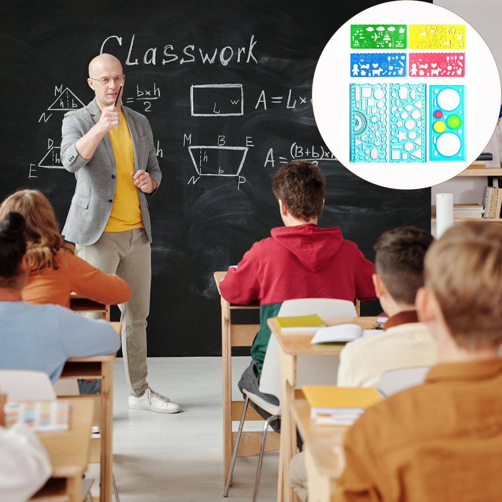 7 Piezas Reglas Geométricas y Plantillas de Círculo para Dibujo y Pintura, Regla Plástica, Herramienta de Medición para Niños (Azul)