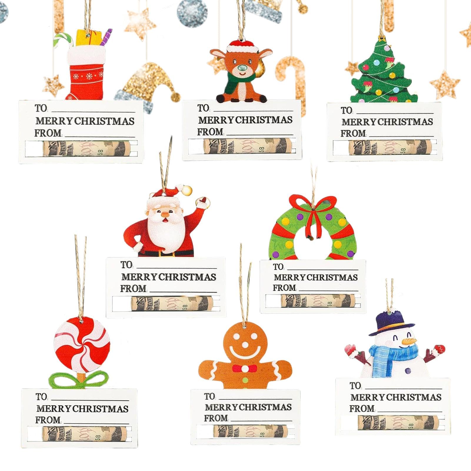 Porta dinero de Navidad para dinero en efectivo, 8 tarjetas de Navidad de madera, adornos de dinero para árbol de Navidad, tarjeta de dinero para dinero en efectivo