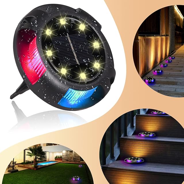 COLORLAM 4PCs Solar Path Lights 8 Warm LEDs + 4 Colorful Side LEDs RGB Solar Ground Lights Solar Floor Lights IP65 Waterproof Auto On and Off Decorations for Outdoor Garden Lawn Pathway Landscape