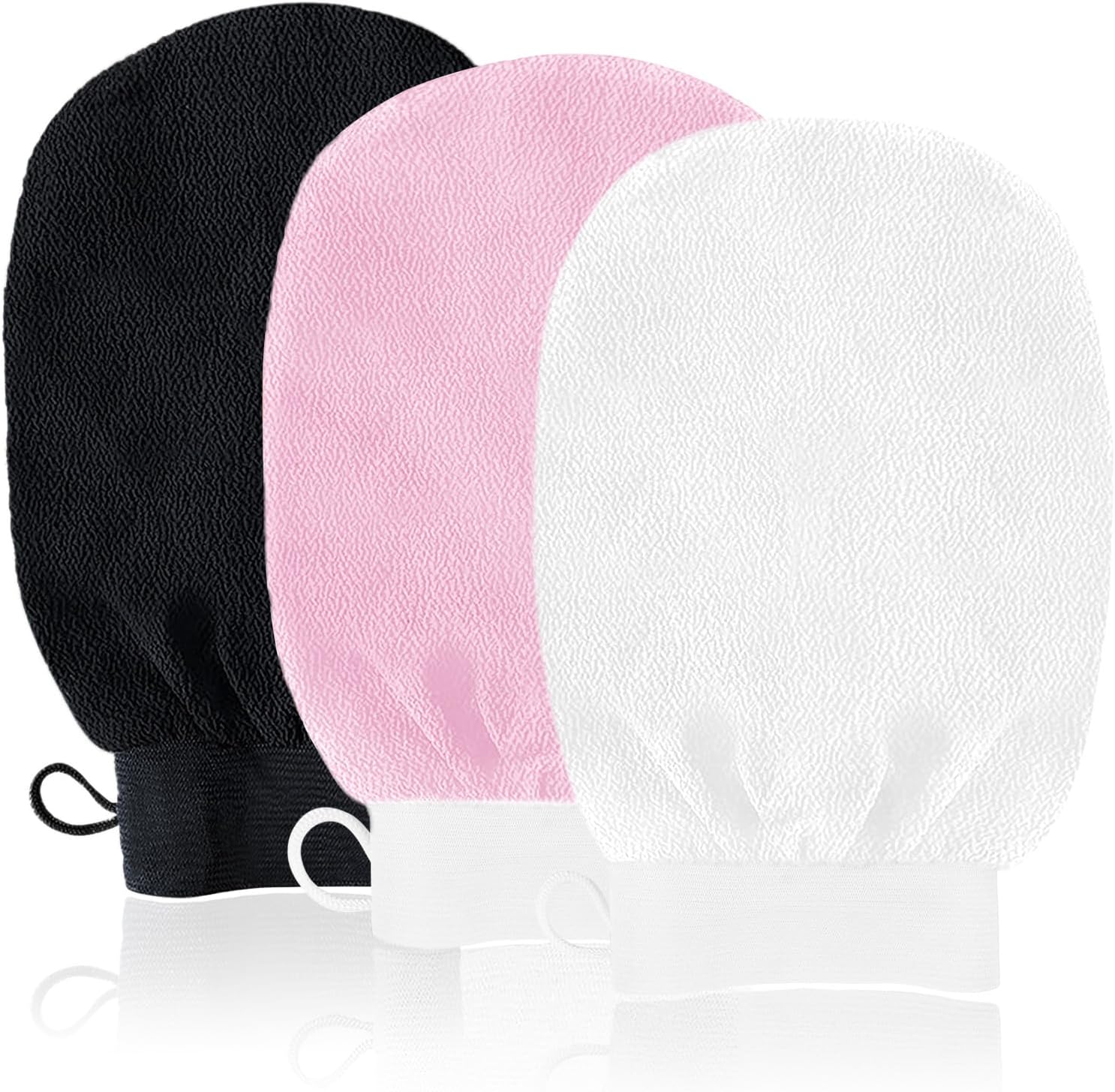 URAQT Exfoliating Gloves, 3 Pack Body Scrub Glove Bath SPA Exfoliating Mitts, Dual-Sided Deep Clean Exfoliation Scrubbing Mitt, Dead Skin Remover Glove Deep Body Scrubber（White+Pink+Black）