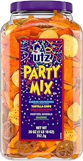 Utz Party Mix - 26 Ounce Barrel - Tasty Snack Mix Includes Corn/Nacho Tortillas, Pretzels, BBQ Corn Chips and Cheese Curls, Easy and Quick Party Snacks, Cholesterol Free and Trans-Fat Free