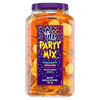 Utz Party Mix - 26 Ounce Barrel - Tasty Snack Mix Includes Corn/Nacho Tortillas, Pretzels, BBQ Corn Chips and Cheese Curls, Easy and Quick Party Snacks, Cholesterol Free and Trans-Fat Free