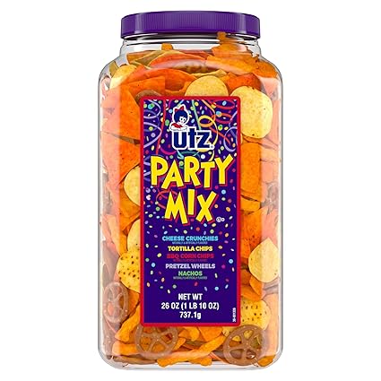 Utz Party Mix - 26 Ounce Barrel - Tasty Snack Mix Includes Corn/Nacho Tortillas, Pretzels, BBQ Corn Chips and Cheese Curls, Easy and Quick Party Snacks, Cholesterol Free and Trans-Fat Free