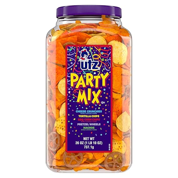 Utz Party Mix - 26 Ounce Barrel - Tasty Snack Mix Includes Corn/Nacho Tortillas, Pretzels, BBQ Corn Chips and Cheese Curls, Easy and Quick Party Snacks, Cholesterol Free and Trans-Fat Free