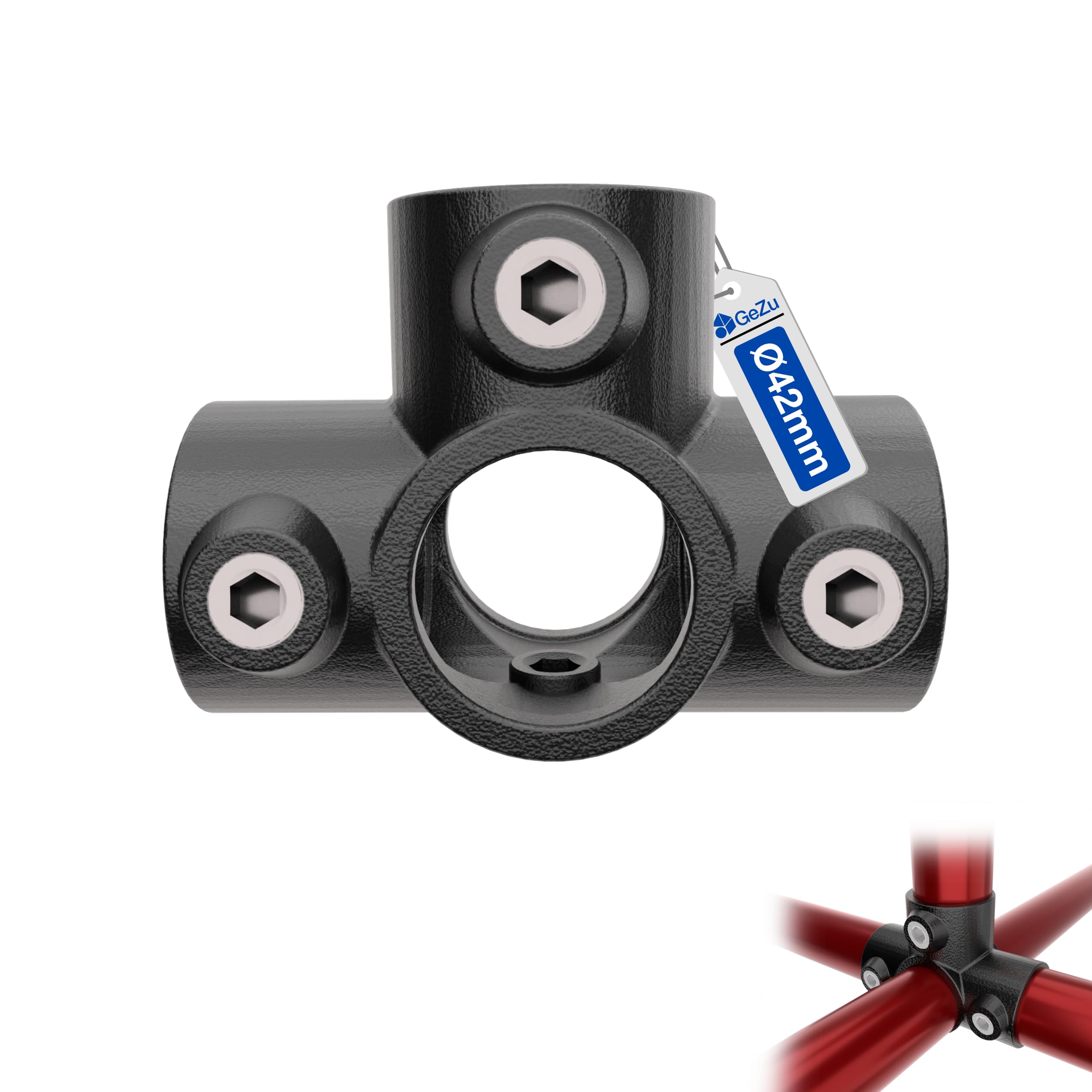 Gezu Impex Black 3 Way Outlet Tee Ø 42 Mm Hot Dip Galvanised Powder Coated Three Socket Cross Side Outlet Tee Clamp Fitting