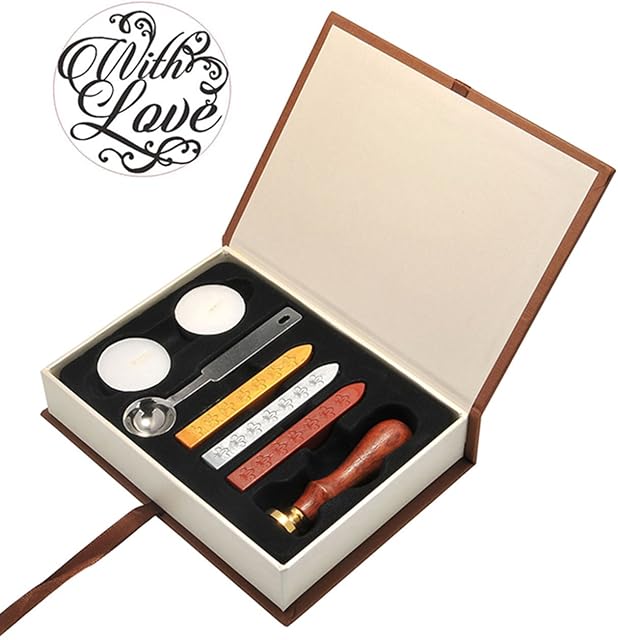Mogoko Wax Seal Kit, Vintage Wax Seal Stamp Set with Sealing Wax Sticks and Melting Spoon White Candles (with Love)