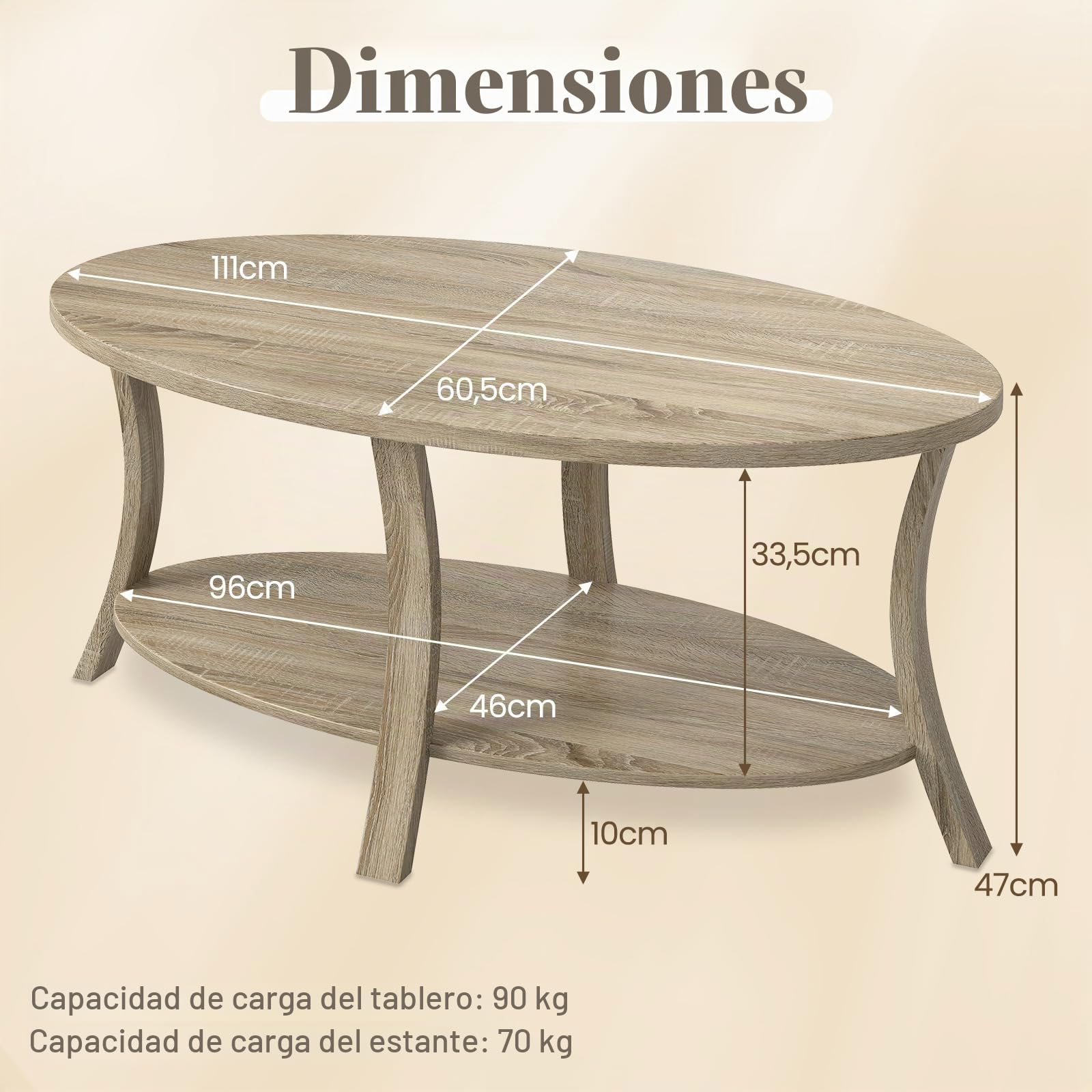 LIFEZEAL Mesa de Centro Ovalada de Madera de Caucho, Mesa de Centro de 2 Niveles con Estante de Almacenaje, Mesa Rústica para Salón, Hogar, Oficina, 111 x 60,5 x 47 cm (Natural)