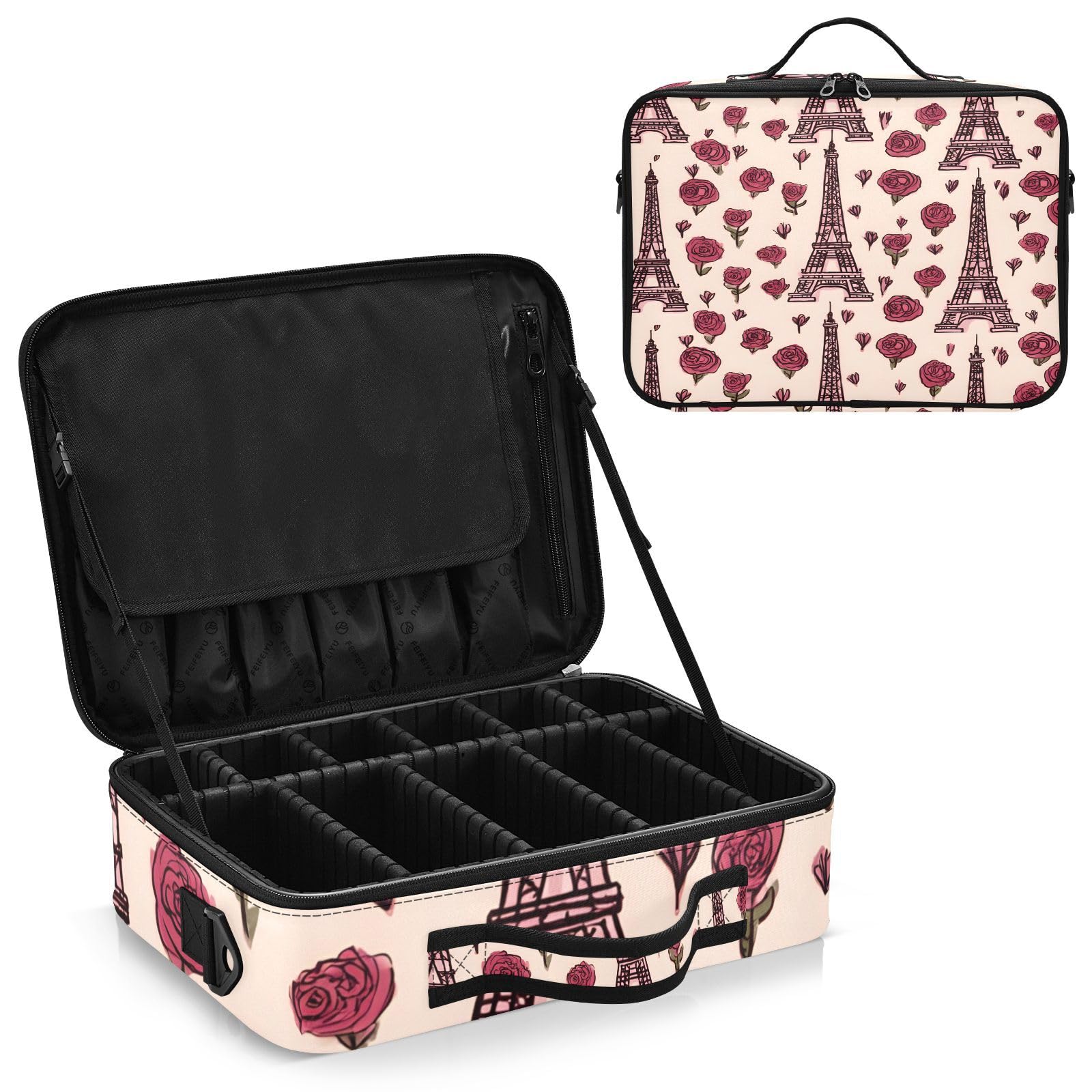 zyrtty Travel Makeup Train Case Eiffeltier Tower Red Rose Pattern Cosmetic Organizer Portable Storage Bag with Adjustable Dividers for Cosmetics Brushes Toiletry Jewelry Digital Accessories