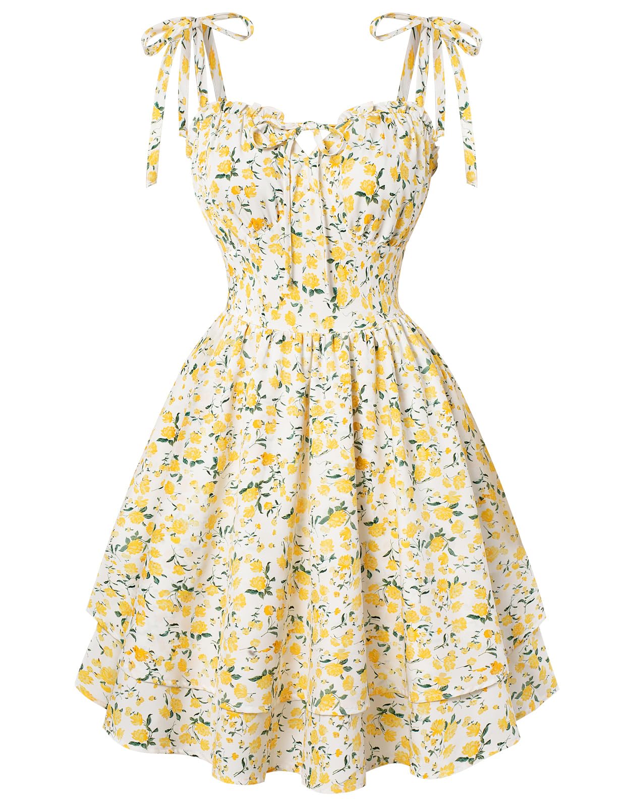SCARLET DARKNESS Damen Floral Kleid Teens Sommer Verstellbare Krawatte-Schulter Korsett Sundress Tiered Saum Minikleider Weiß-gelber Floral M
