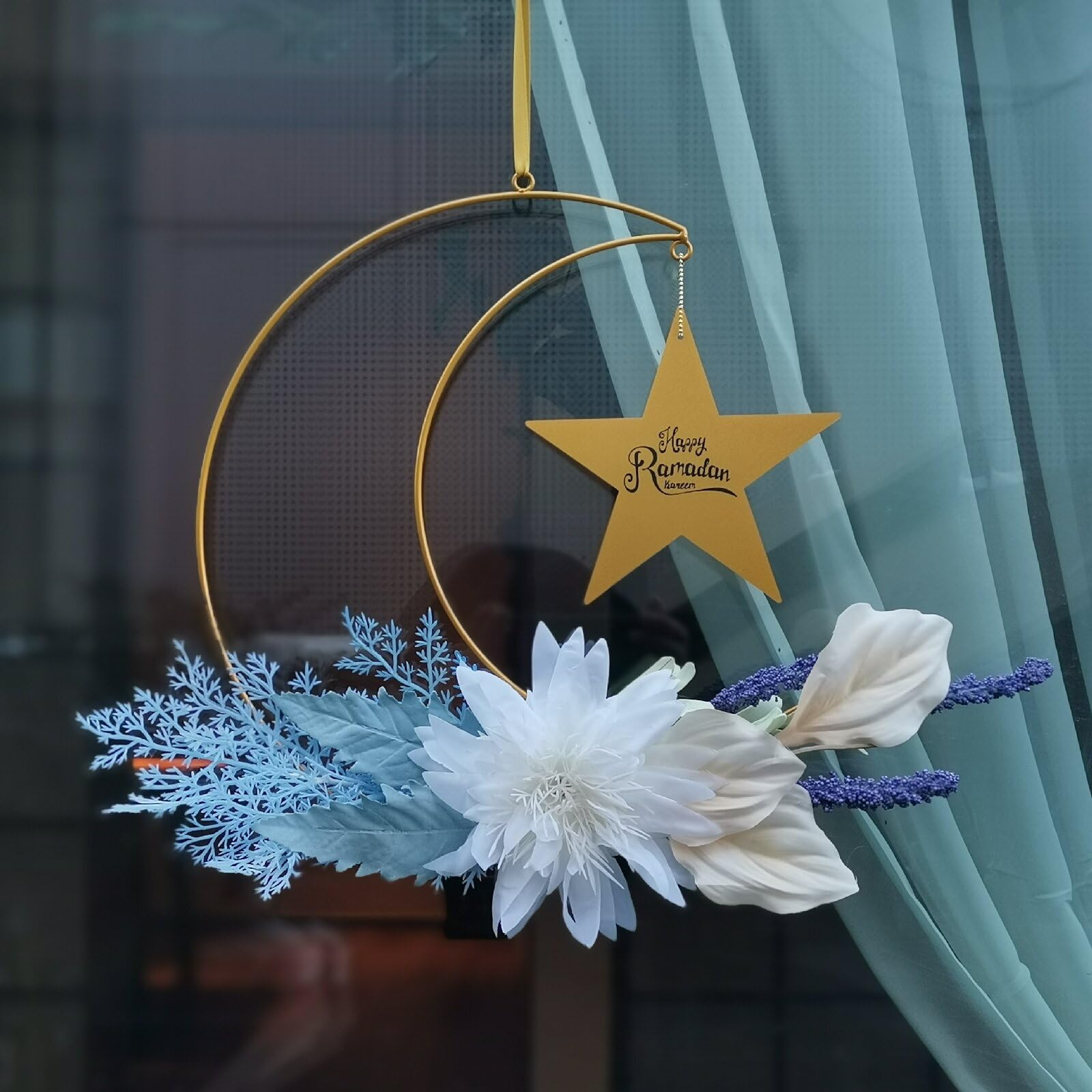 ElodieAu Eid Ramadan Mubarak Wreaths, Eid Al-fitr Moon Wreath Decorations for Front Door, Artificial Metal Hoop Floral Hanging Garland, for Wall Window Indoors Outdoor Farmhouse Decor