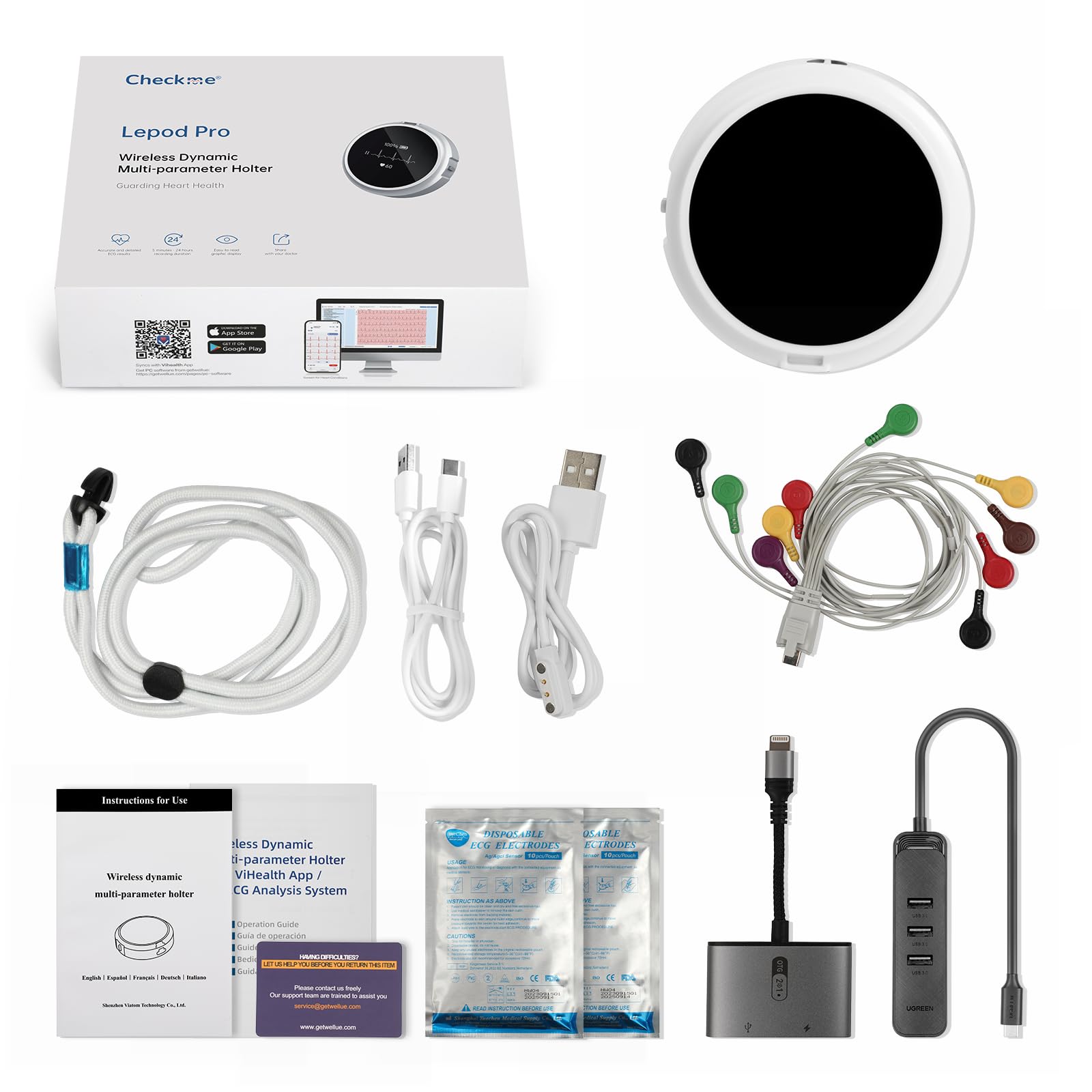 CheckMe LepodPro ECG portable à 12 dérivations avec écran OLED, enregistrement ECG en temps réel pendant 24 heures, marqueurs d'événements, rapport ECG détaillé par IA, rechargeable, support pour