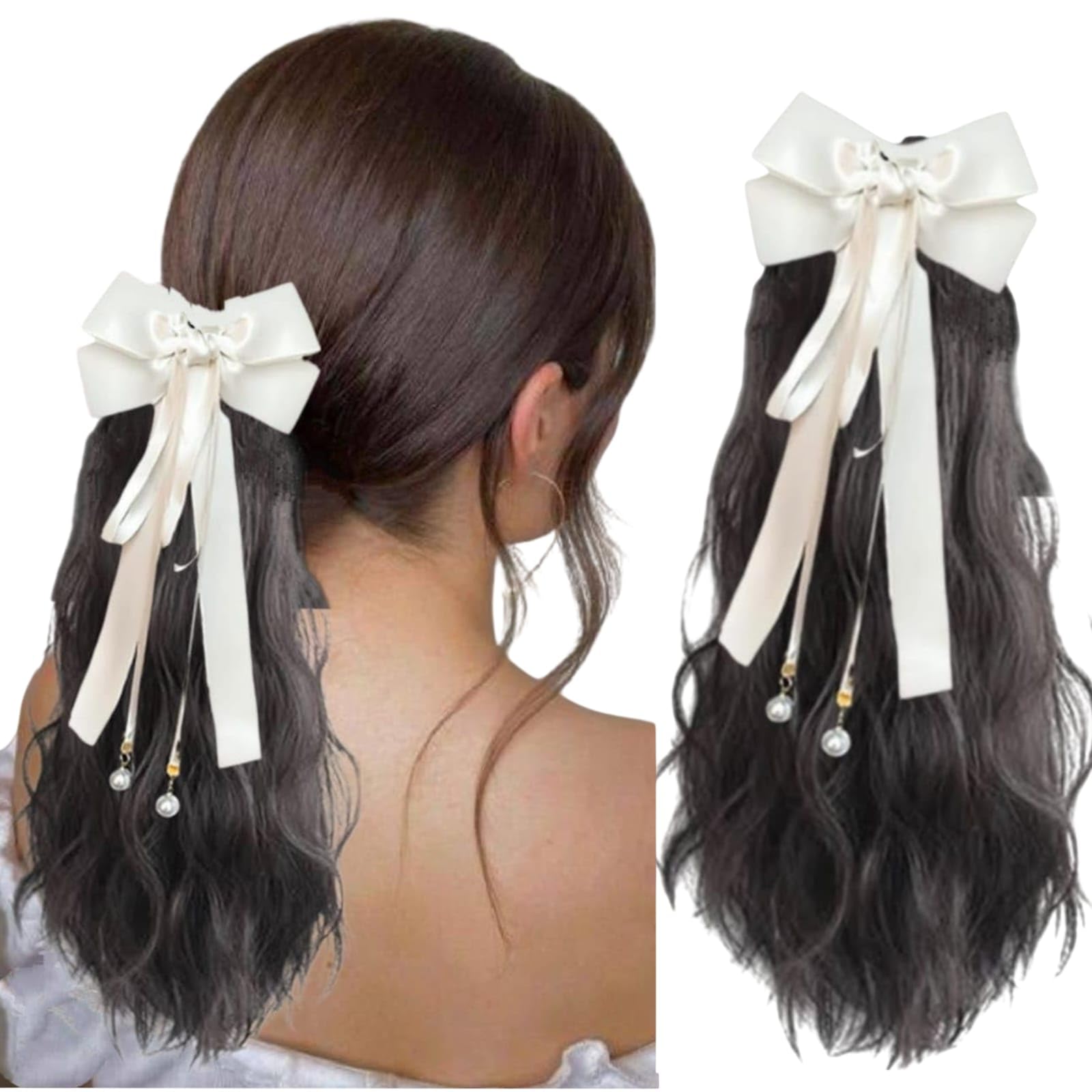 Miss Lirenn® Light Weight Fluffy Soft Hair Ponytail with Large Butterfly White Bow Clip With Pearl- Natural Voluminous Curly Hair Ponytail Hair Extension 16 to 18 Inch Long Brown Color