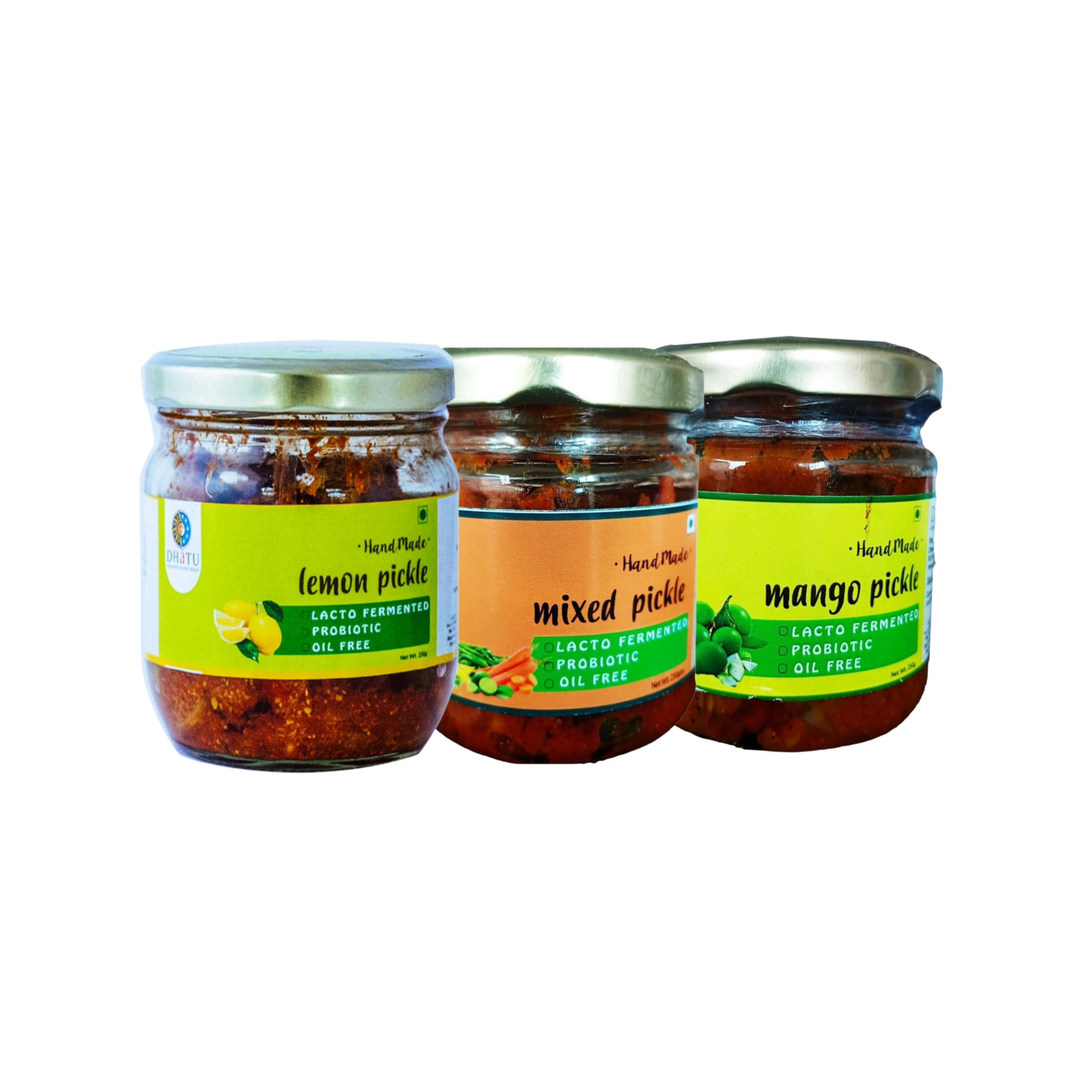 Rootz Organics Pickle Combo Pack of 3 - Mixed Veg Pickle, Lemon Pickle & Mango Pickle (250g Each) - Oil Free, Organic, No Synthetic Additives and Preservatives, Handmade Achaar Traditional Recipe