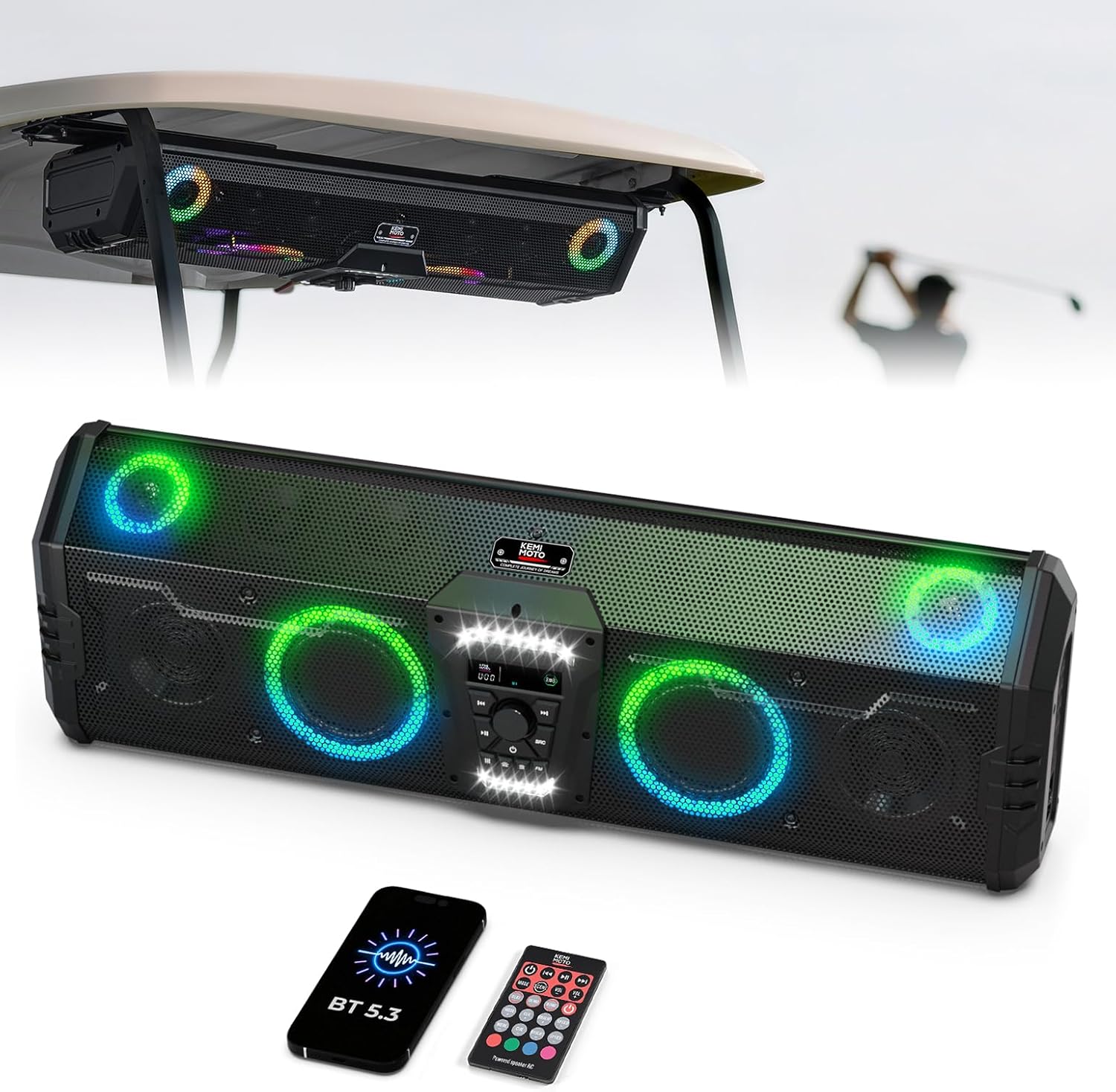 KEMIMOTO Midnight 90 Golf Cart Stereo System, 800W Max Power All-in-One Sound System, Waterproof Sound Bar with Subwoofer, BT 5.3, Outdoor Golf Speakers with RGB Lights, Compatible with Club Car EZGO