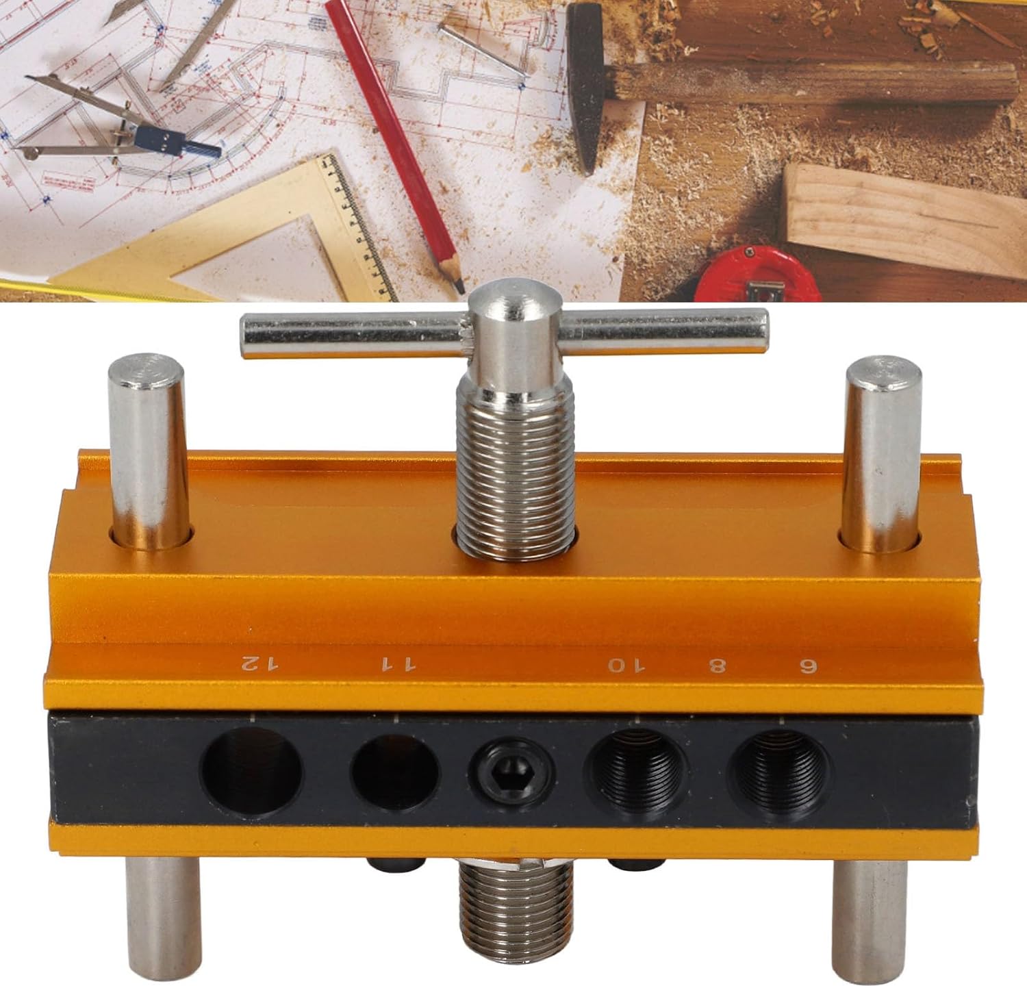 Self Centering Doweling Jig Kit Metric Adjustable Width Dowel Jig Kit for Straight Holes, Biscuit Joiner Set, 6 Bushings Power Tool Accessory Jigs for Straight Holes (Gold)